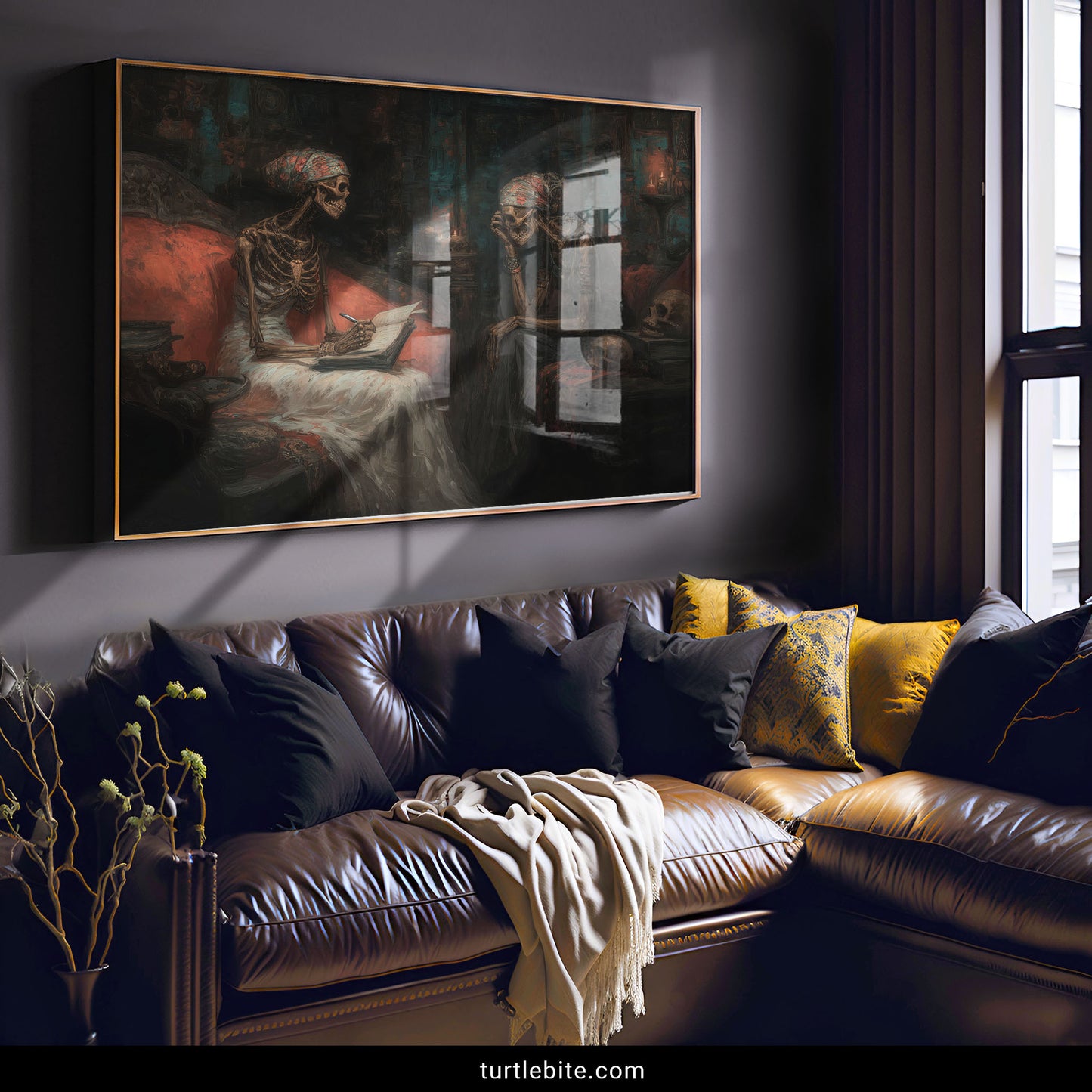 Dark academia skeleton poster with macabre Victorian aesthetic perfect for alternative home decor