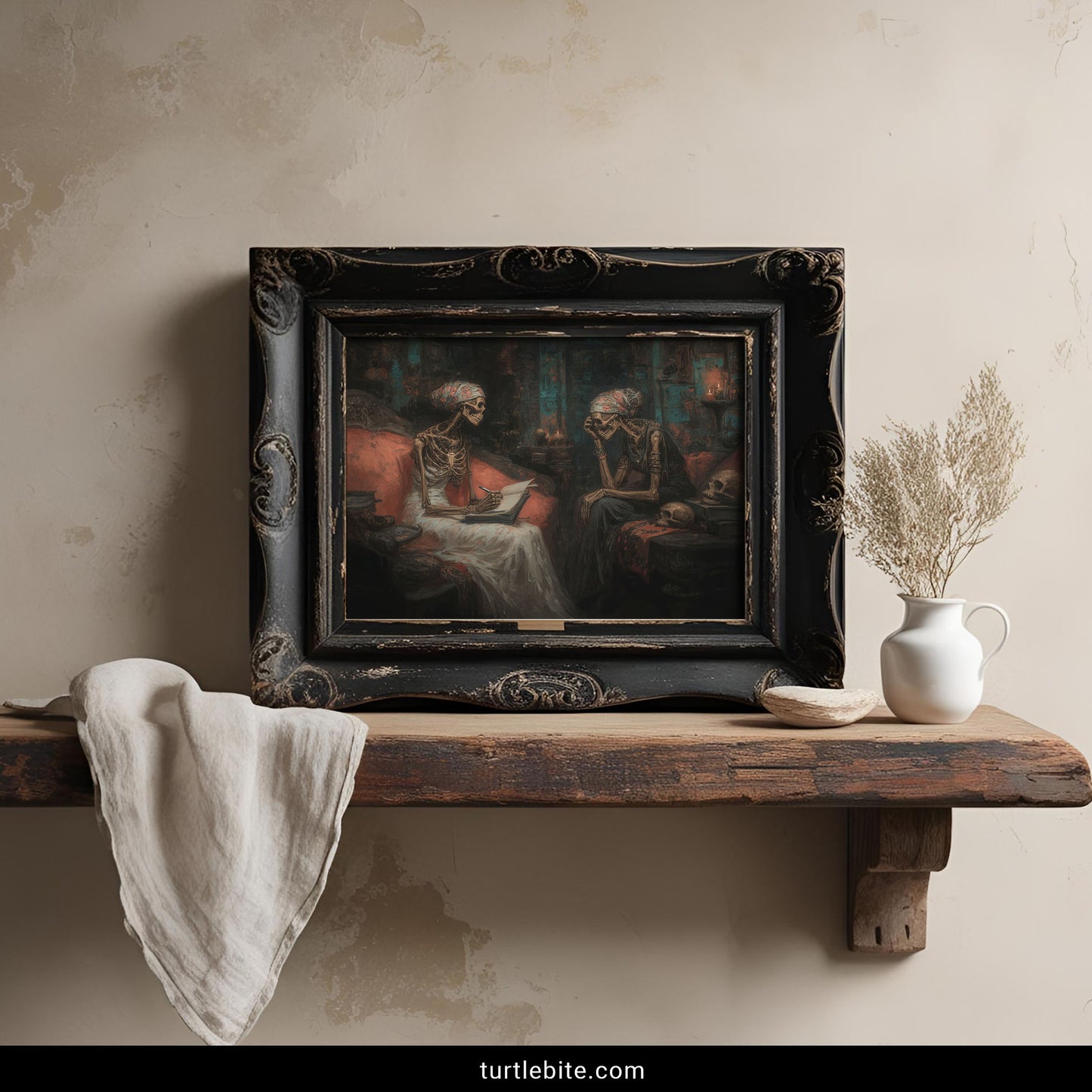 Alternative gothic wall art featuring skeleton conversation scene in painterly dark aesthetic style