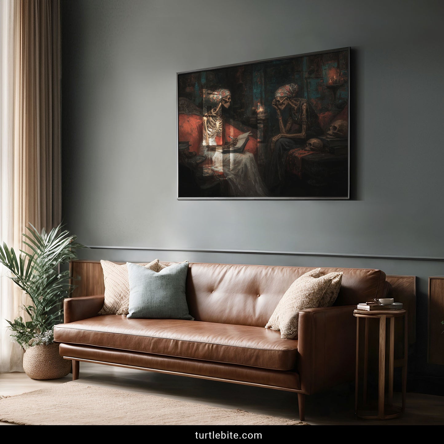 Macabre skeleton artwork depicting death and wisdom theme with candlelit ambiance and skull symbolism