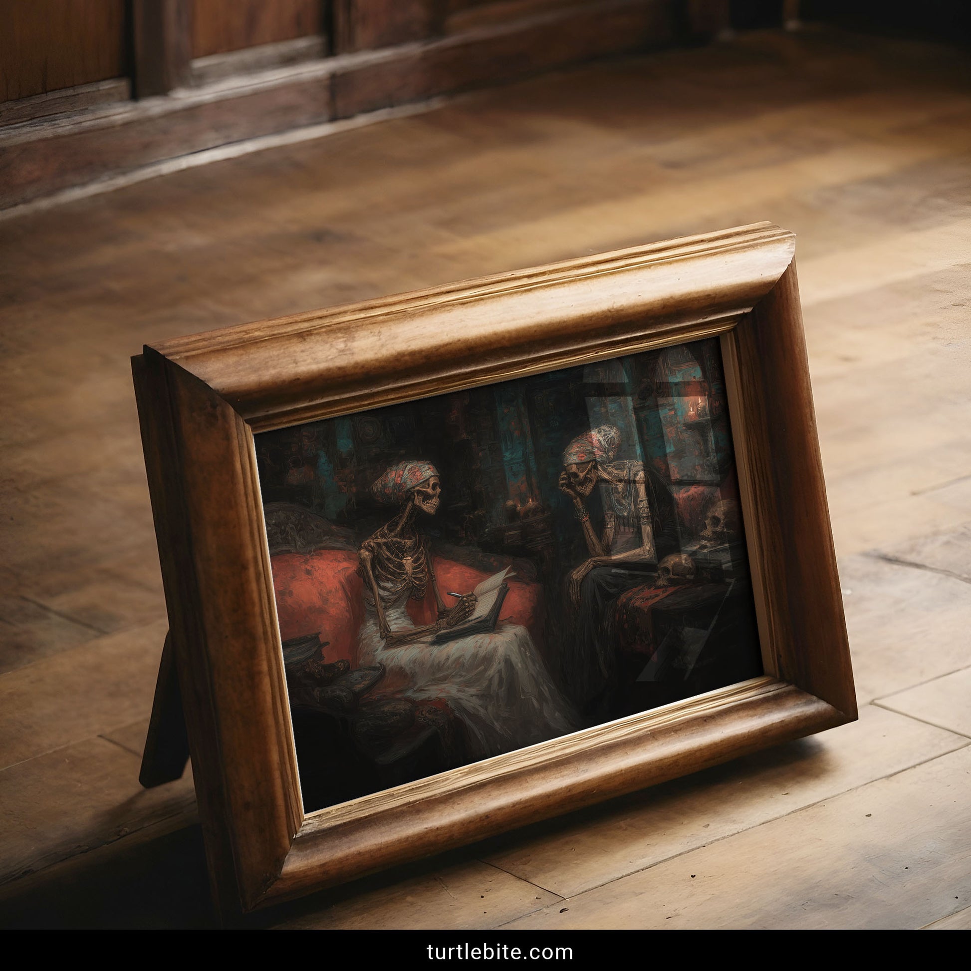 Alternative gothic wall art featuring skeleton conversation scene in painterly dark aesthetic style