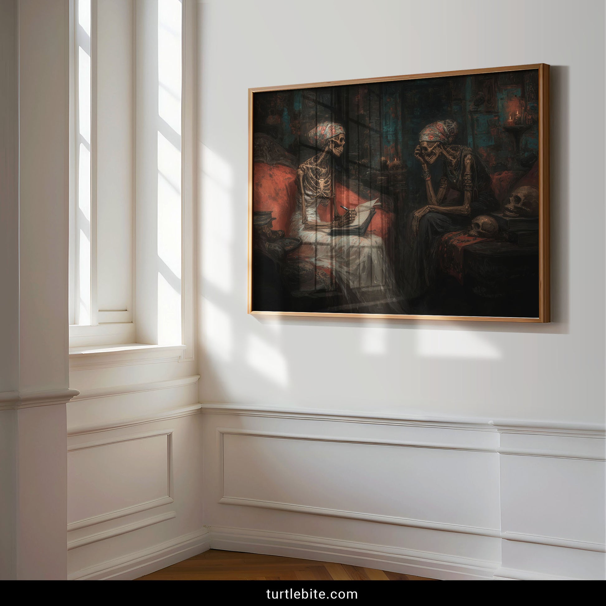 Gothic memento mori art showing skeletal figures in turbans engaged in philosophical discussion with moody teal and rust tones