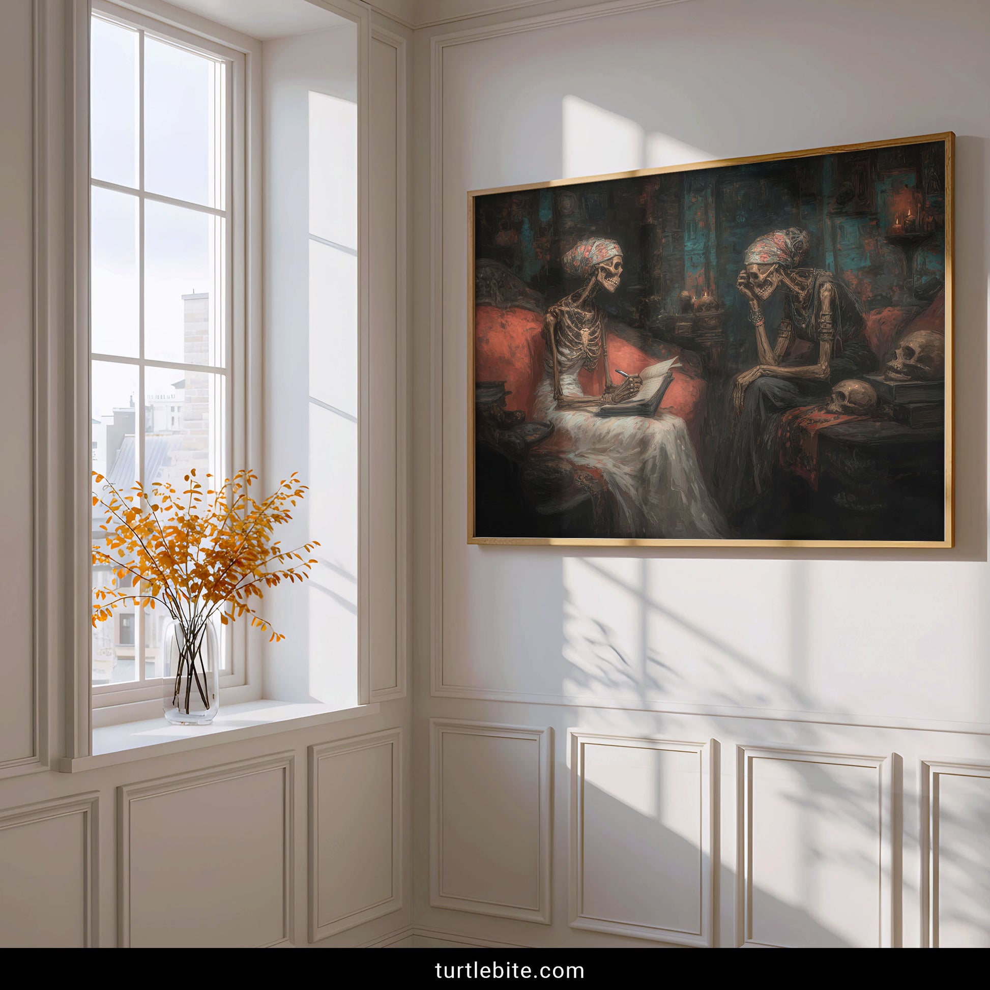 Alternative gothic wall art featuring skeleton conversation scene in painterly dark aesthetic style