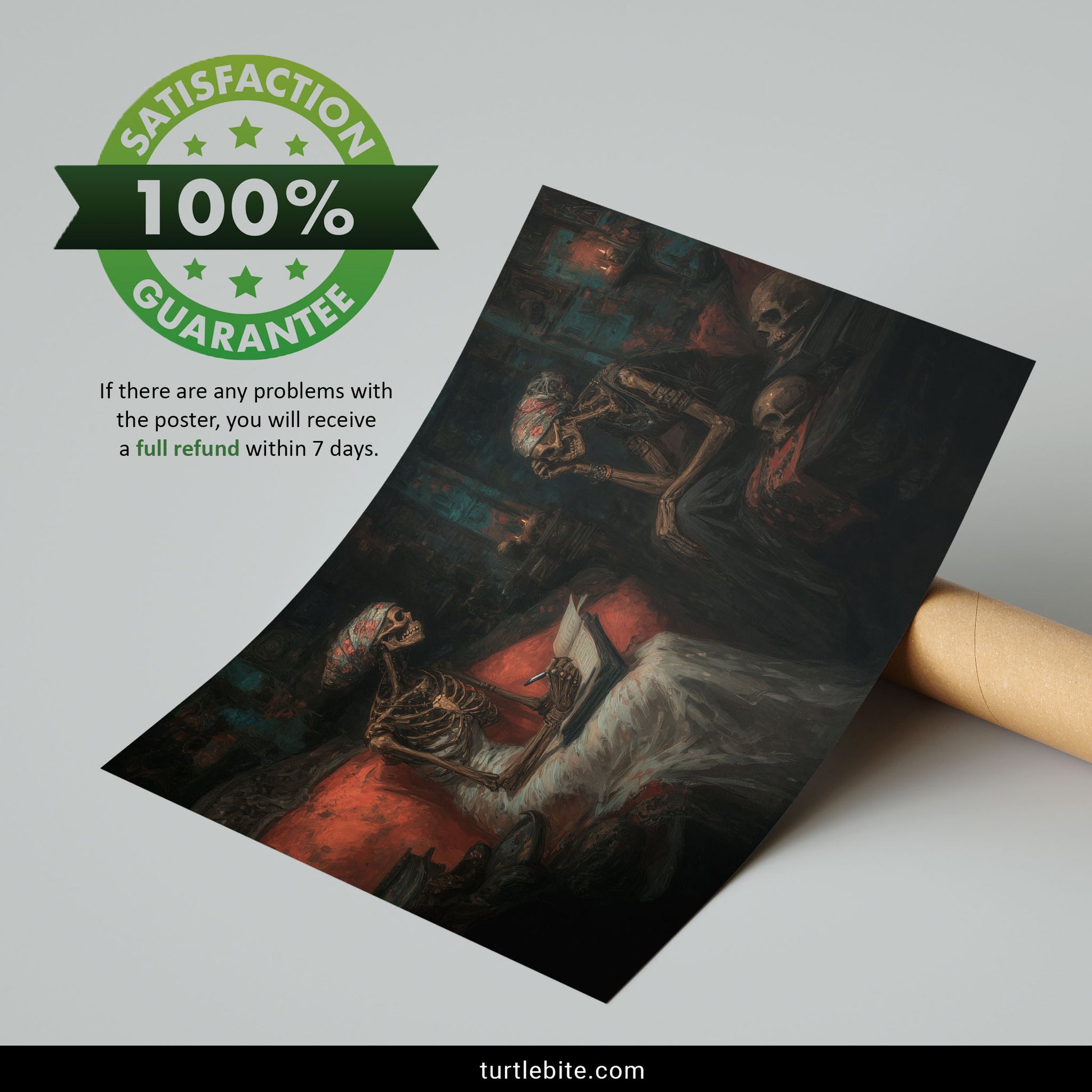 Gothic memento mori art showing skeletal figures in turbans engaged in philosophical discussion with moody teal and rust tones