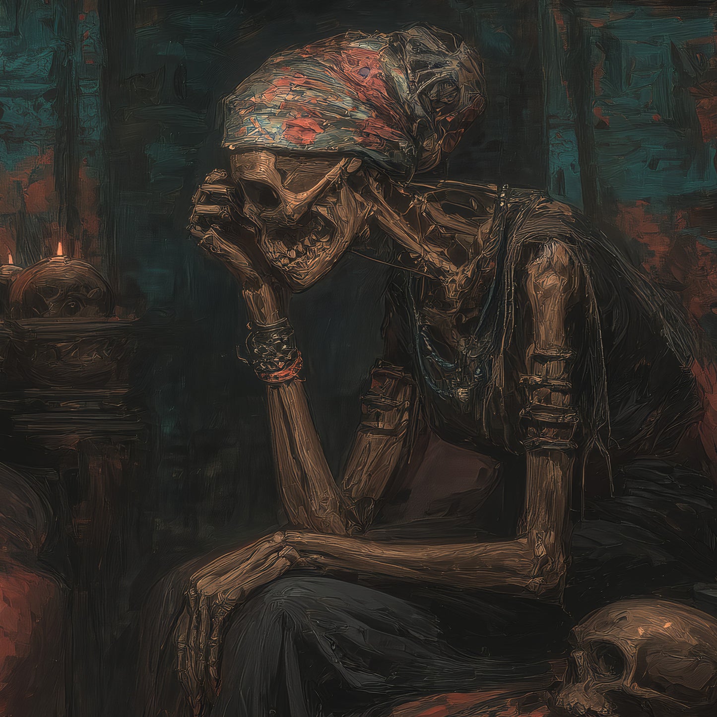 Macabre skeleton artwork depicting death and wisdom theme with candlelit ambiance and skull symbolism