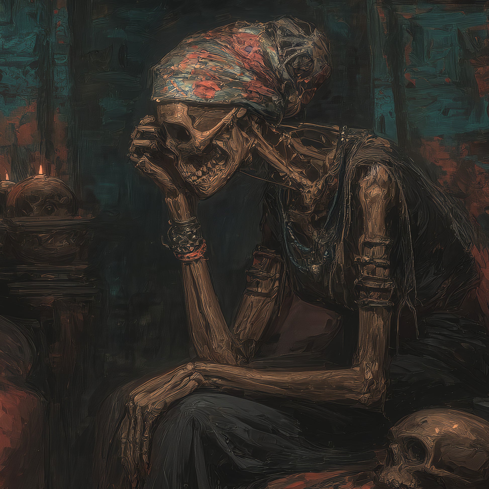 Macabre skeleton artwork depicting death and wisdom theme with candlelit ambiance and skull symbolism