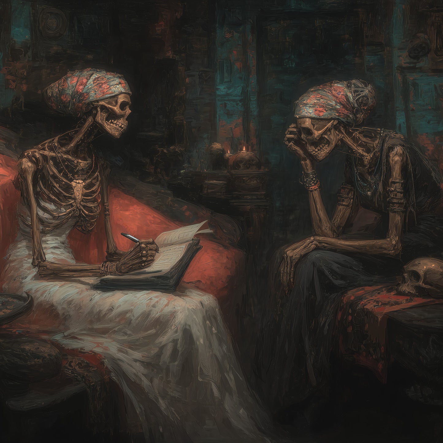 Skeleton wall art print featuring two skeletons in conversation with candlelight and gothic Victorian atmosphere