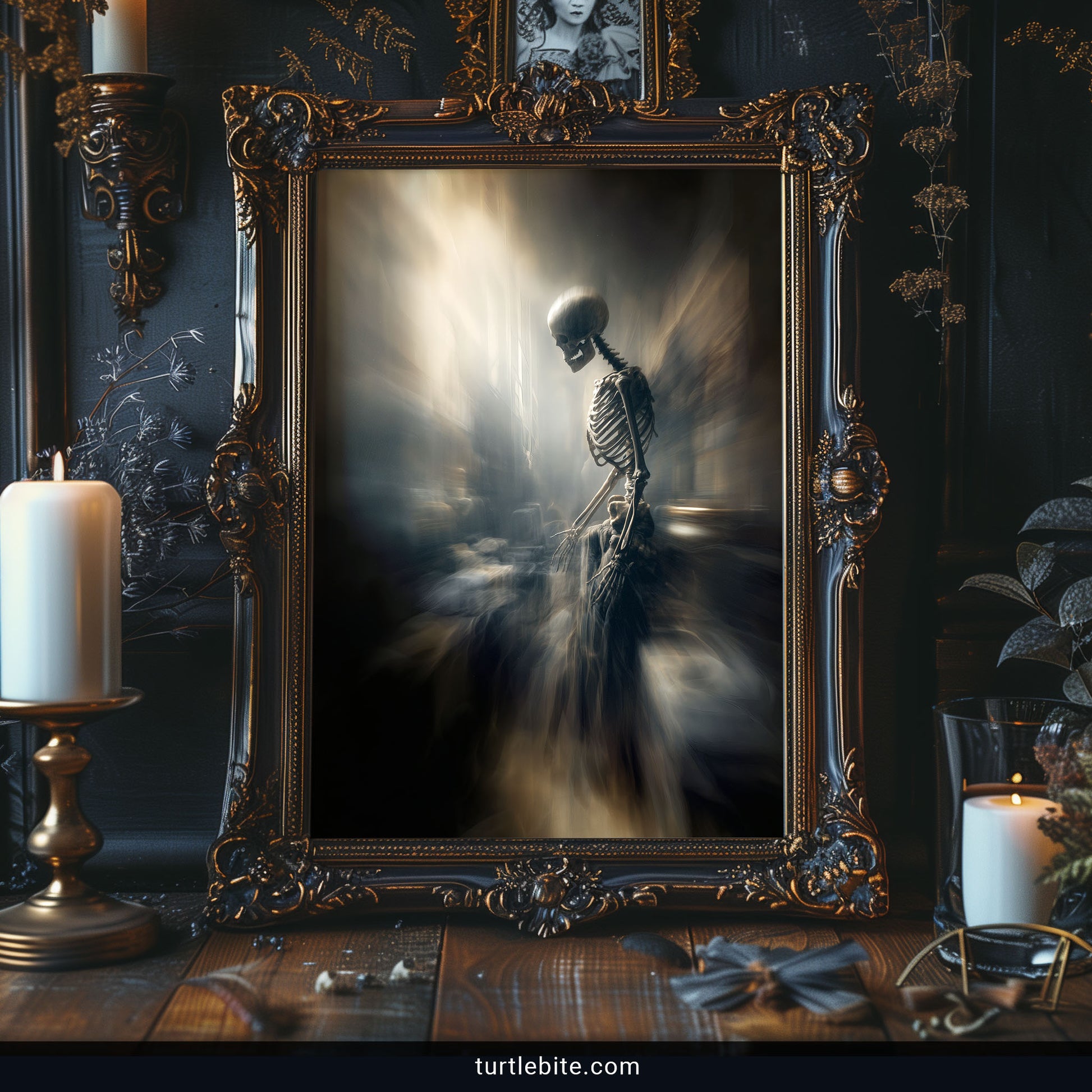 Dark academia skeleton artwork with golden rays - memento mori themed gothic wall decor poster print