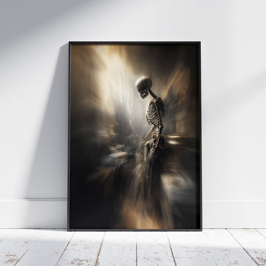 Ethereal skeleton figure standing in golden light corridor - gothic dark art wall print with haunting atmospheric effect