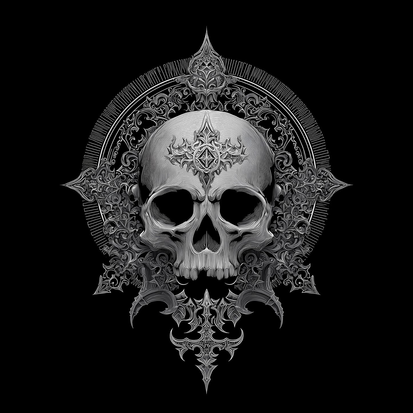 Ornate memento mori skull art with baroque flourishes and intricate line work on black background