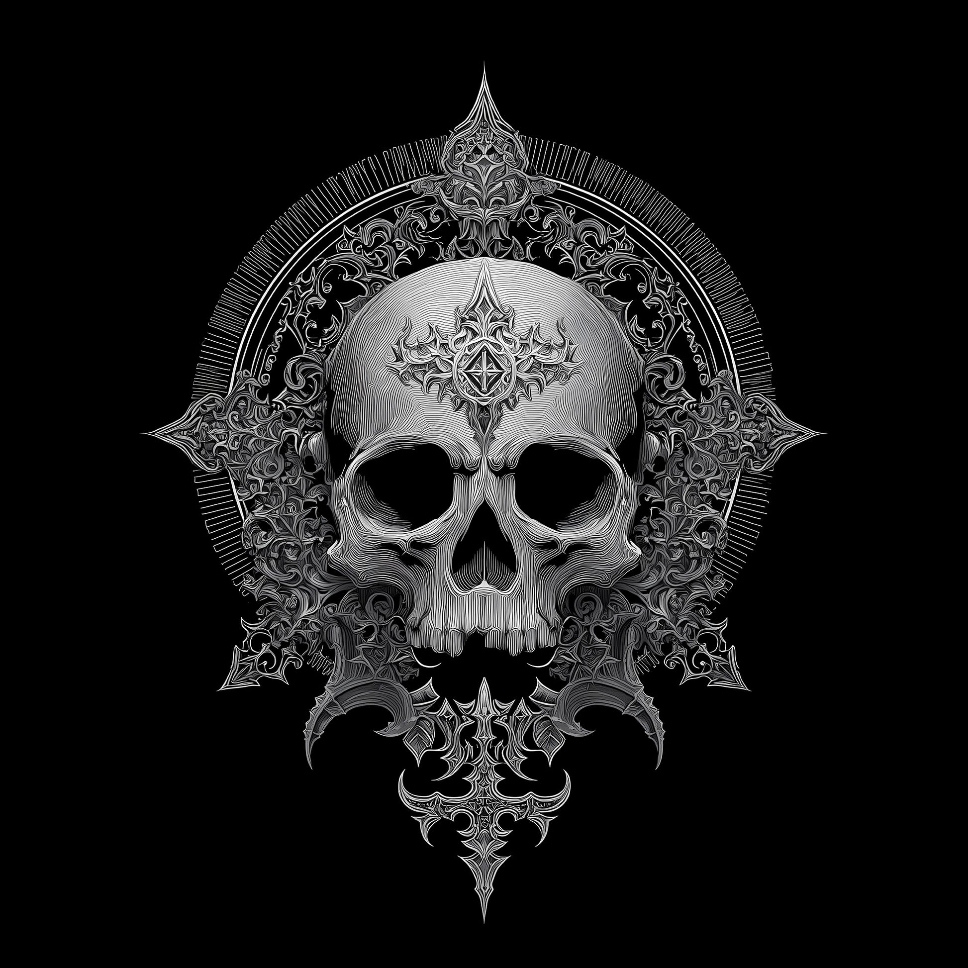 Ornate memento mori skull art with baroque flourishes and intricate line work on black background
