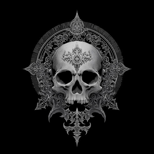 Ornate memento mori skull art with baroque flourishes and intricate line work on black background