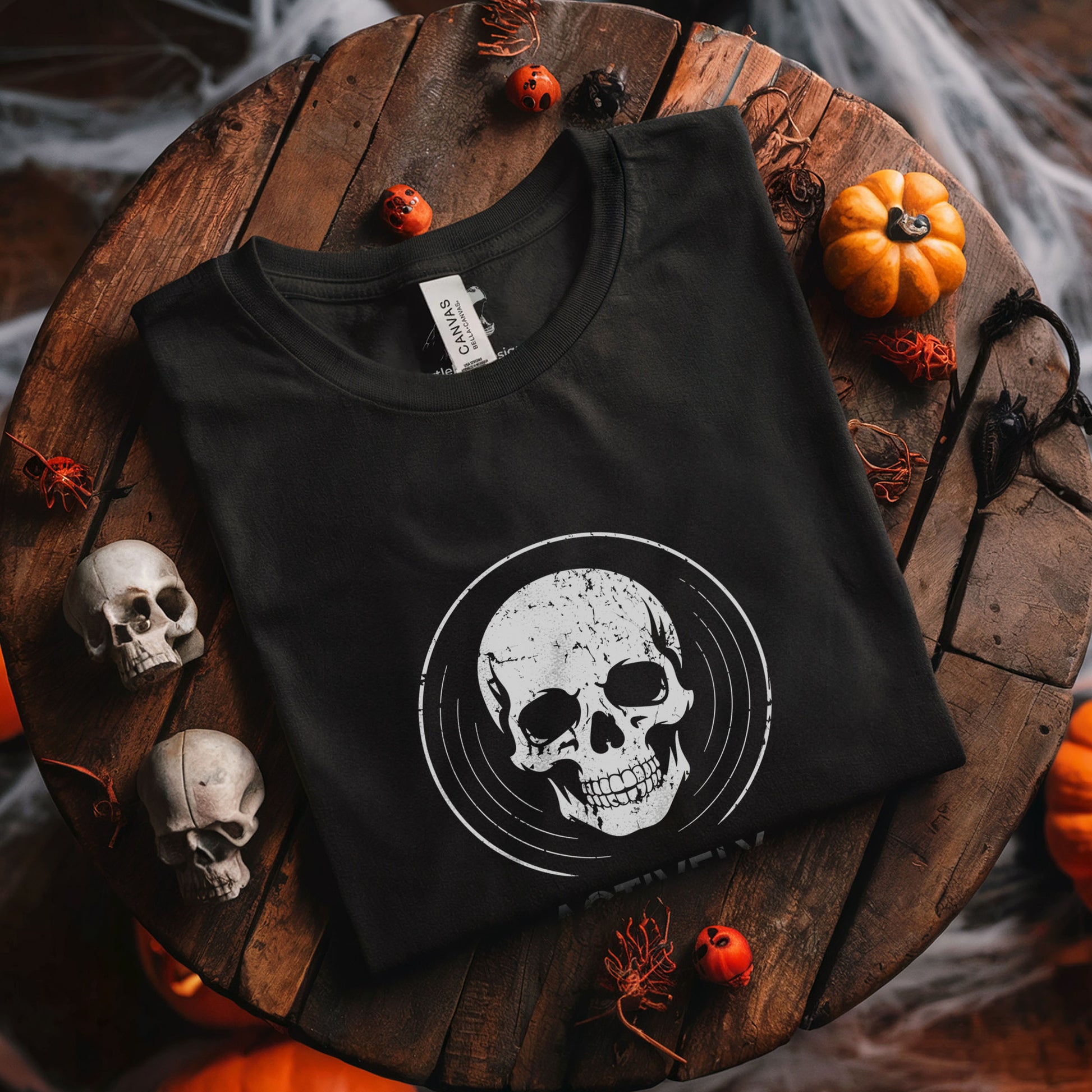Funny death themed shirt featuring weathered skull design in concentric circles