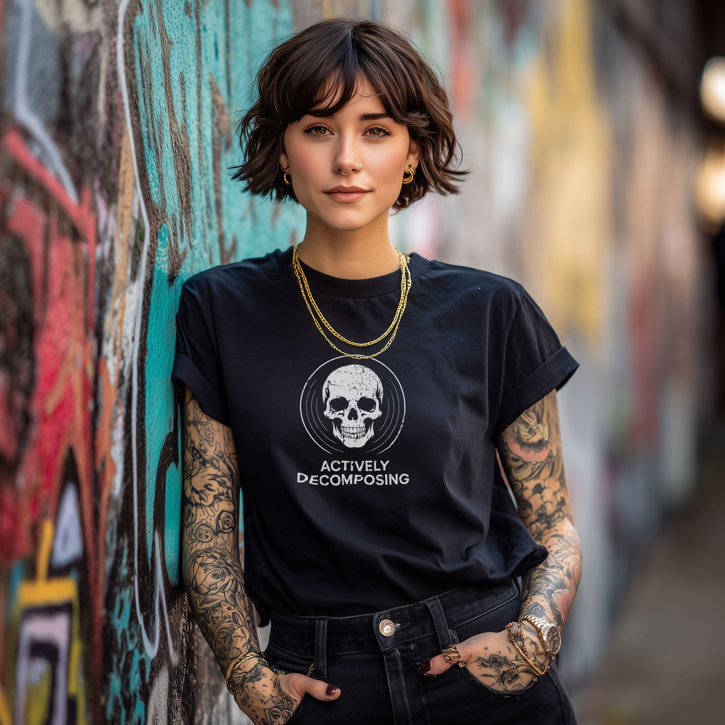 Funny death themed shirt featuring weathered skull design in concentric circles
