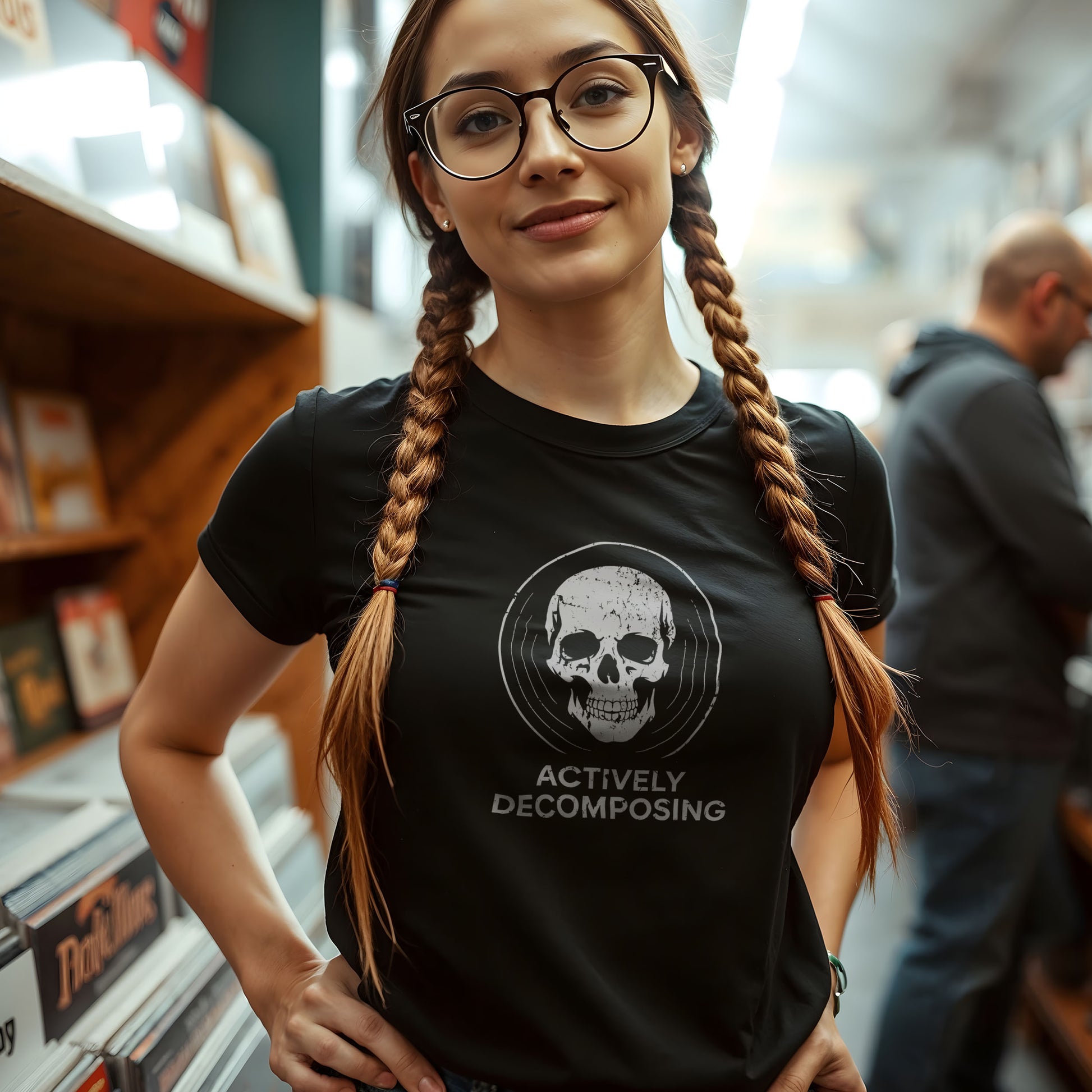 Morbid humor t-shirt displaying skeleton graphic with contradictory decomposing message