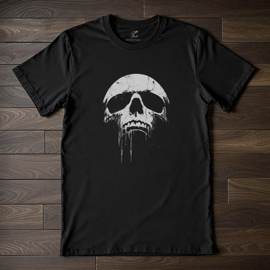 Dripping skull graphic tee black and white horror t-shirt on black background