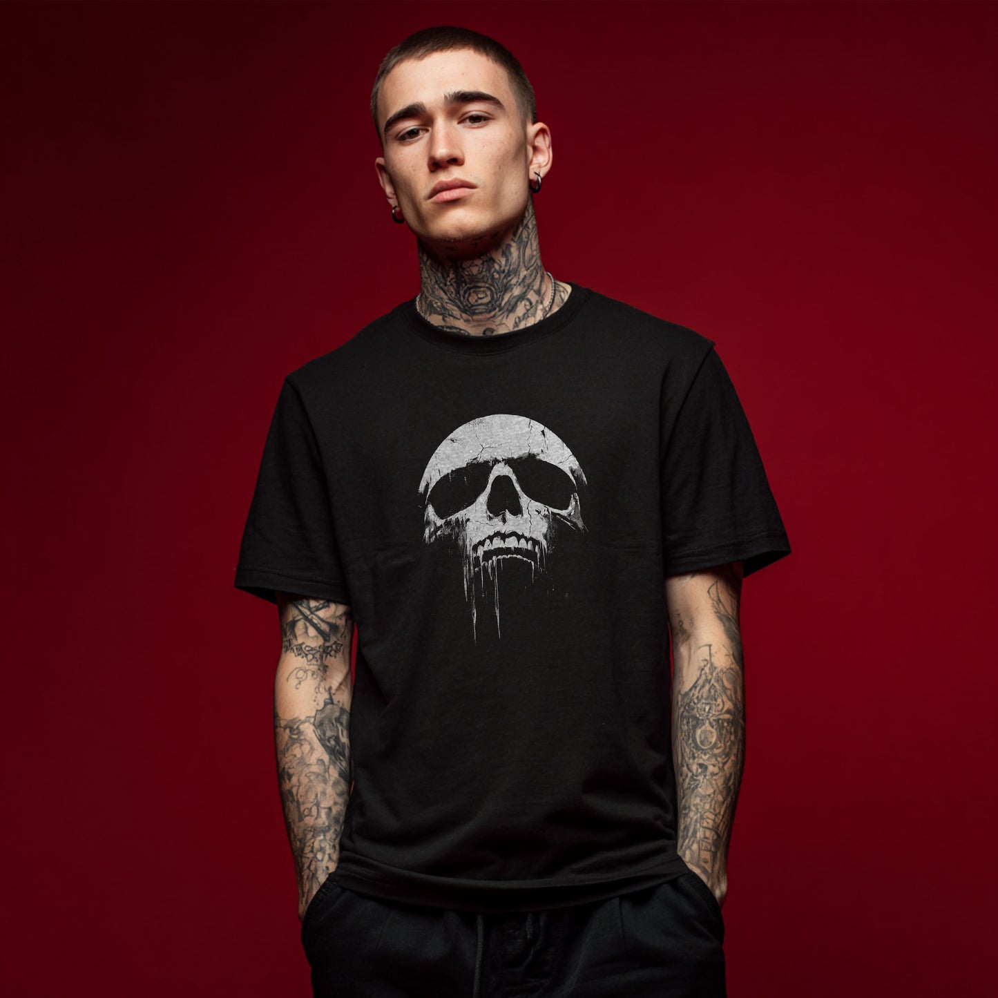 Dripping skull graphic tee black and white horror t-shirt on black background
