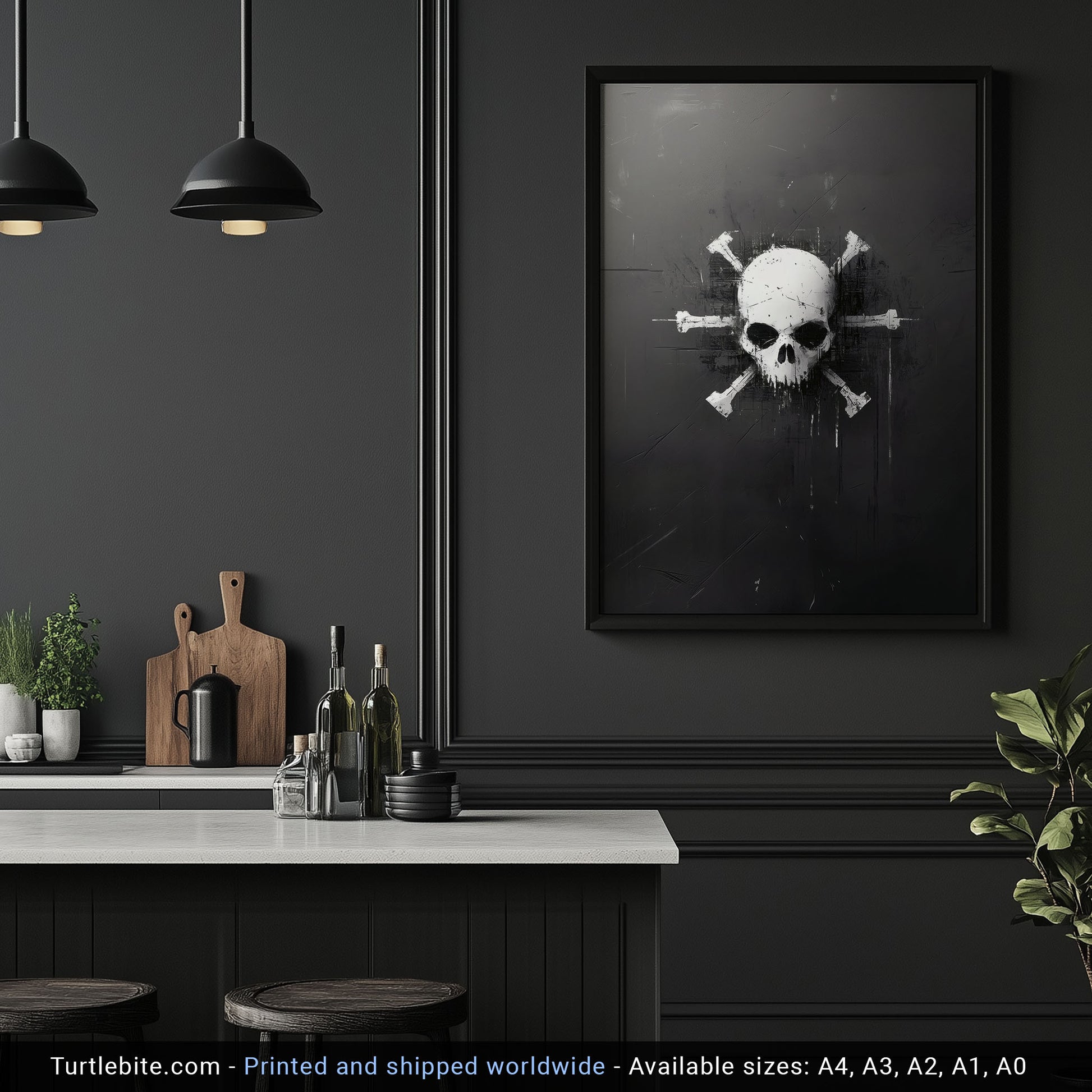 Black and white skull crossbones print with vintage distressed grunge effect