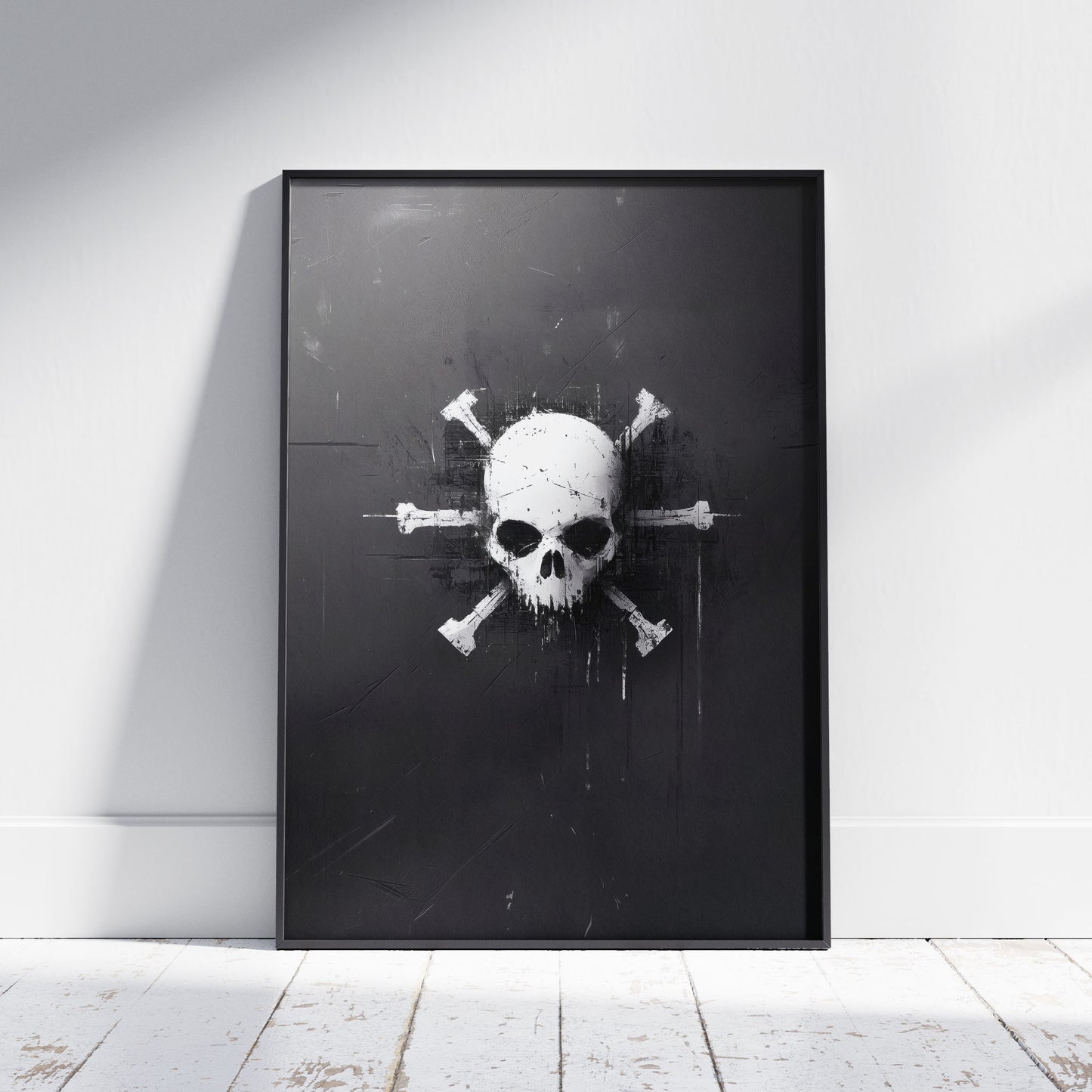 Grunge skull and crossbones wall art with distressed black and white design