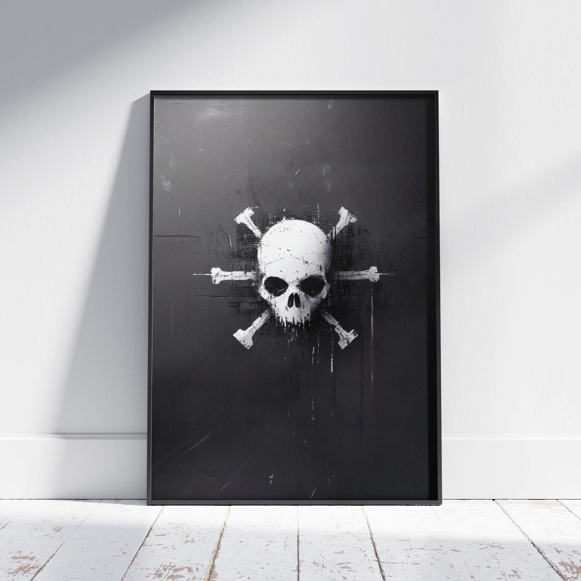 Grunge skull and crossbones wall art with distressed black and white design