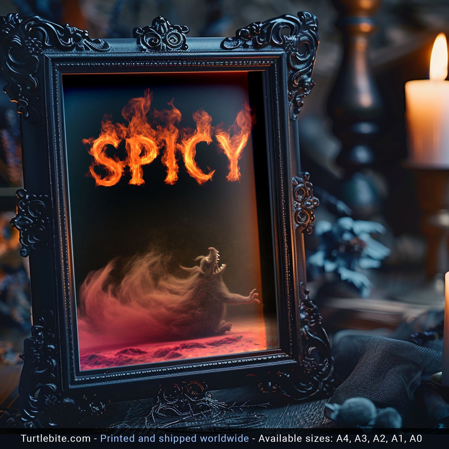 Gothic kitchen wall decor with fiery creature and flame text design for spice lovers