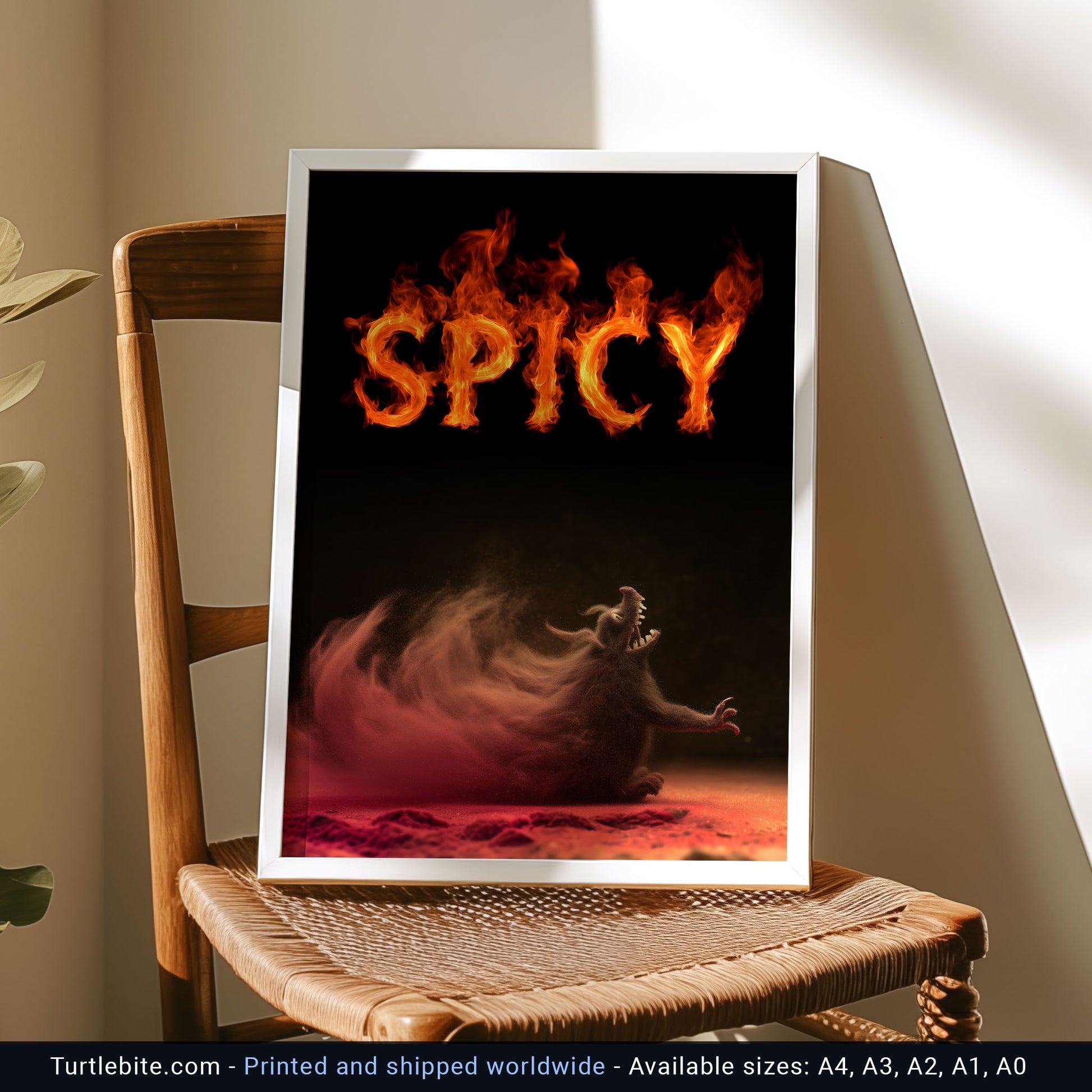 Fire-themed cooking poster featuring flame typography and dragon-like beast for kitchen decor