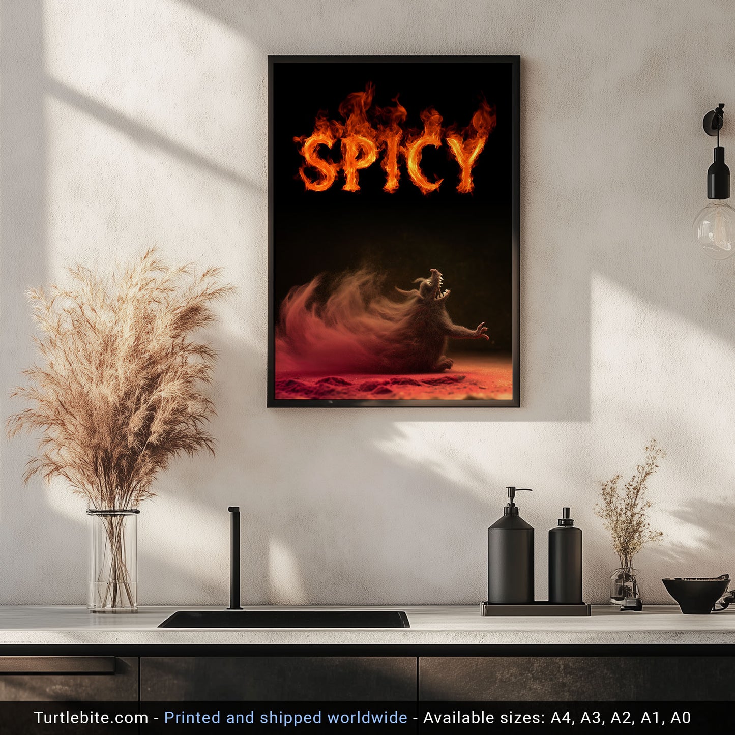 Dark art print showing SPICY in blazing letters with smoke effects for hot sauce enthusiasts