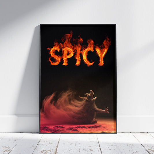 Spicy kitchen wall art with flaming SPICY text and mythical creature in dark gothic style
