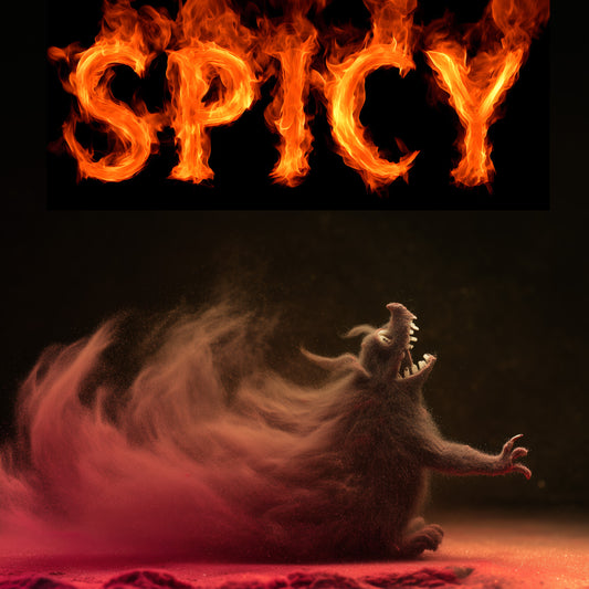 Dramatic spicy food art poster with burning typography and mystical beast for culinary spaces