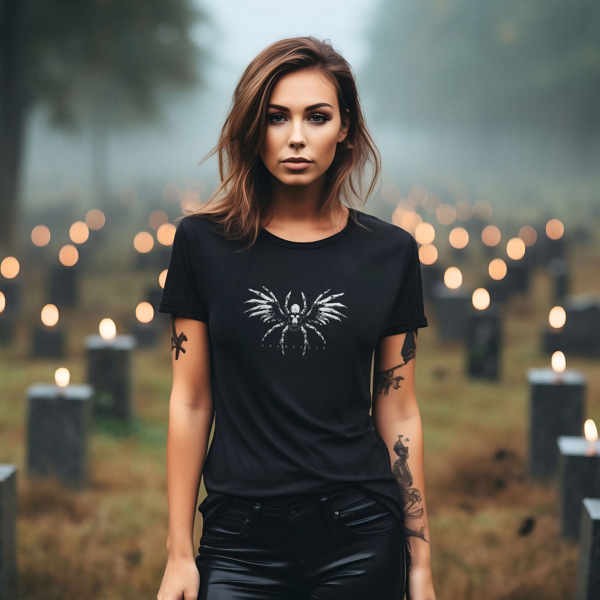 A woman stands in a misty cemetery wearing a black short-sleeve T-shirt with a white winged spider graphic on the chest and black pants. Candles are visible in the blurred background.