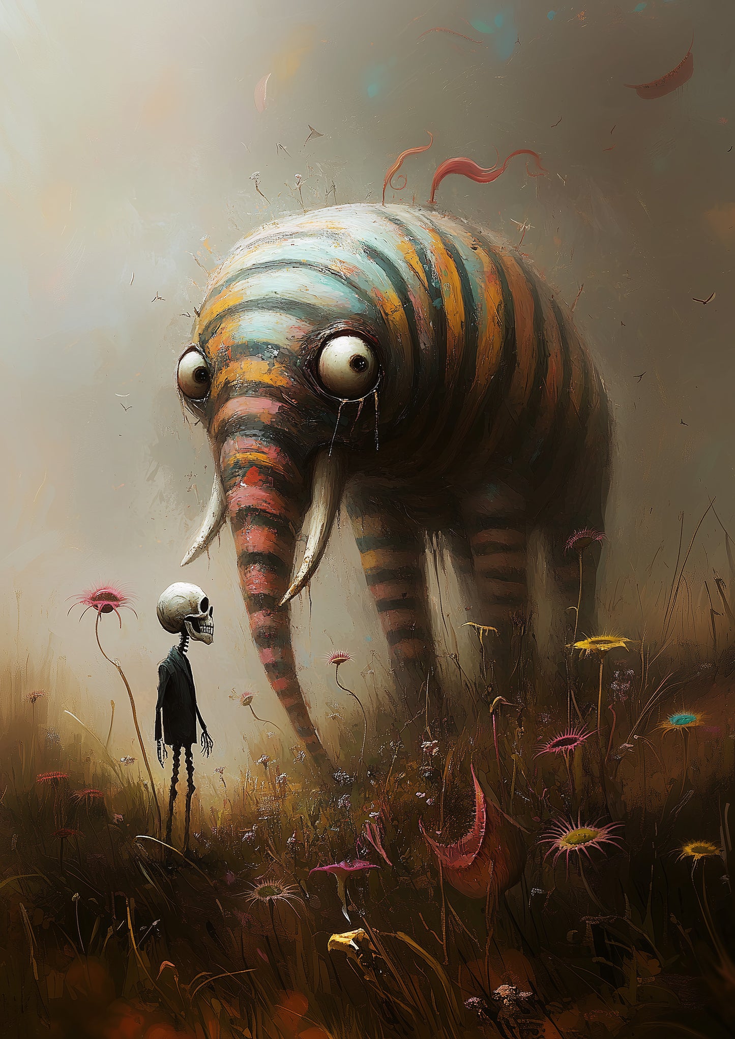 A surrealist painting of a large, striped elephant-like creature with big, googly eyes looking down at a small skeleton wearing a black suit. They stand in a field of strange, colorful flowers under a hazy, painterly sky.