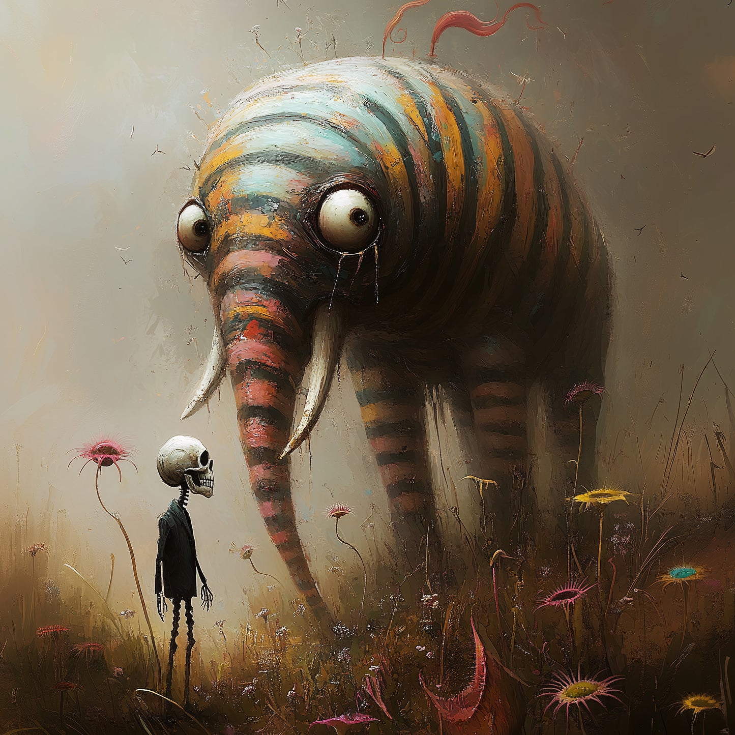 A surrealist painting of a large, striped elephant-like creature with big, googly eyes looking down at a small skeleton wearing a black suit. They stand in a field of strange, colorful flowers under a hazy, painterly sky.