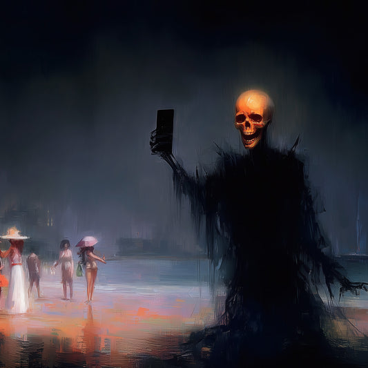 Skeleton taking selfie on beach with sunburned tourists in background, memento mori dark humor art print