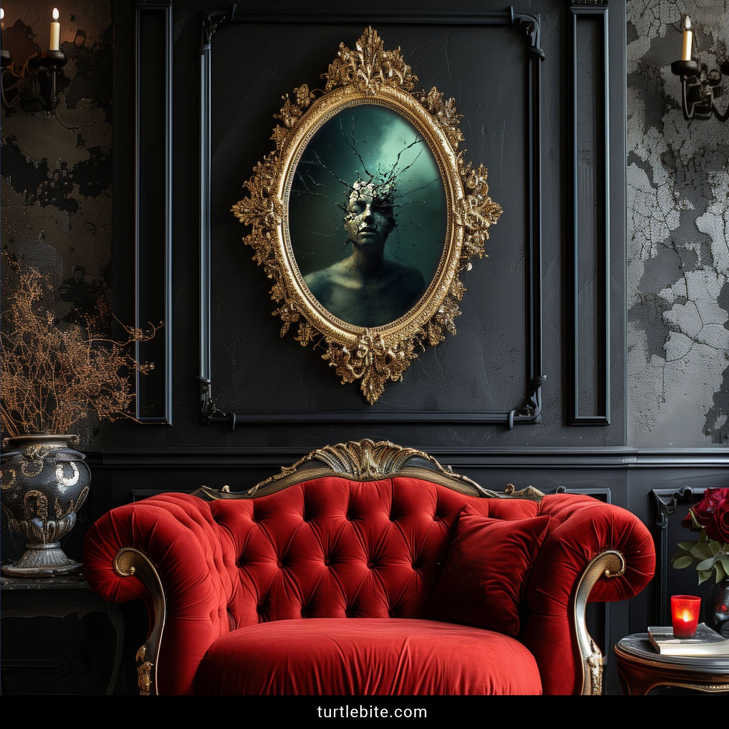 Gothic wall art of a dissolving human bust with fractures and roots – psychological horror fine art print