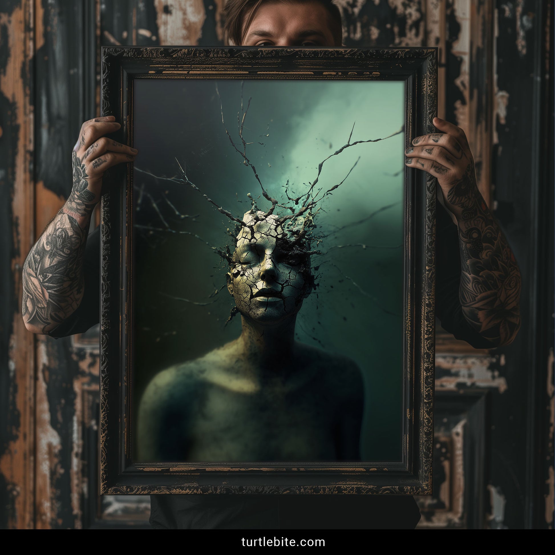 Dark art print showing a disintegrating face split by dried earth cracks and twisted bare branches