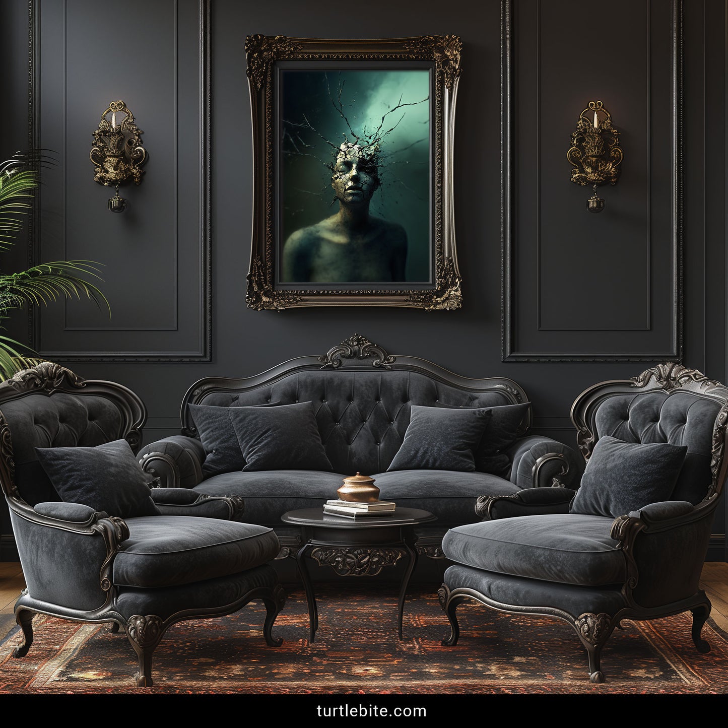 Moody surreal poster of a figure with a crumbling mind, branching roots, and atmospheric dark green fog