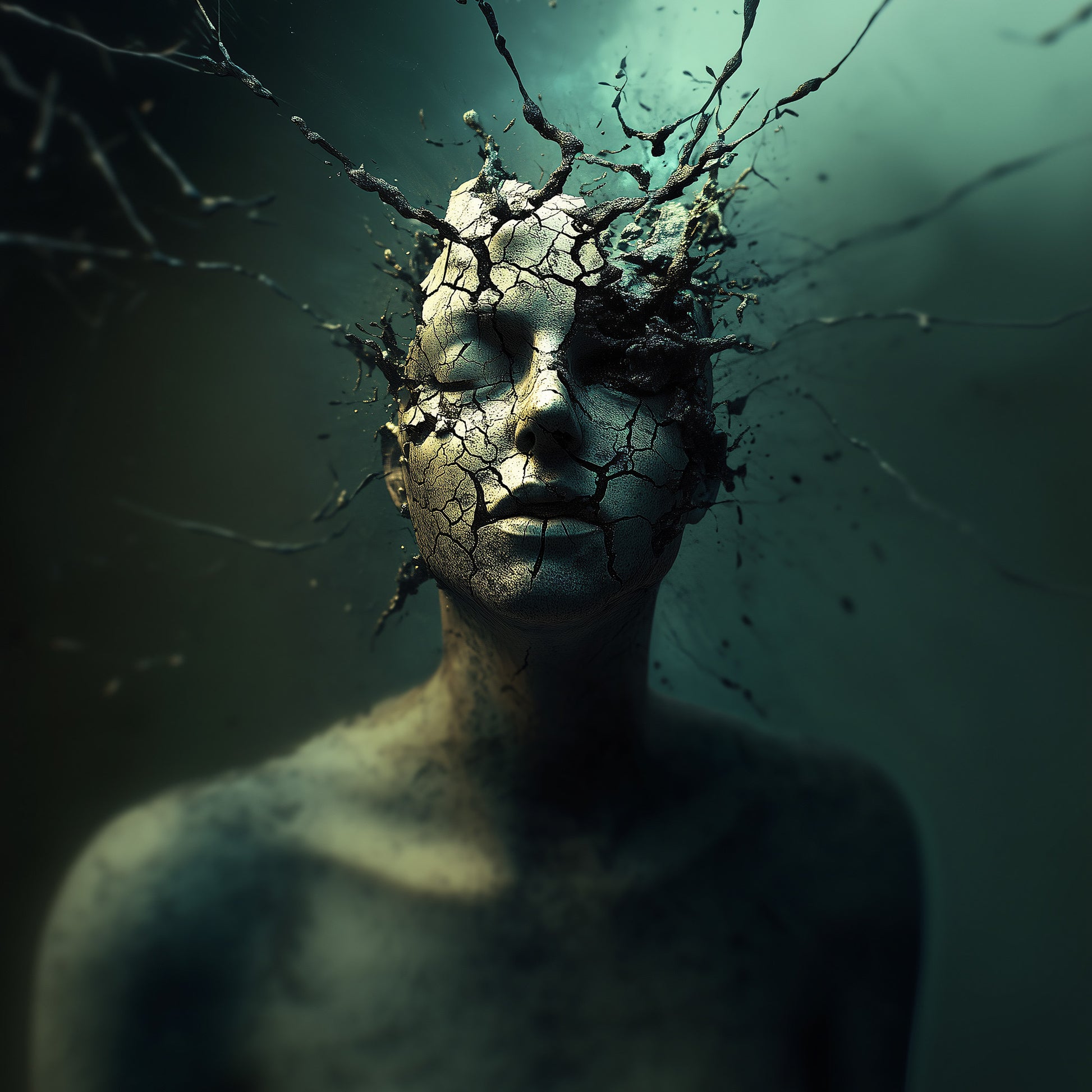 Surreal art poster of a cracked human figure with dark branches erupting from the skull on moody teal background