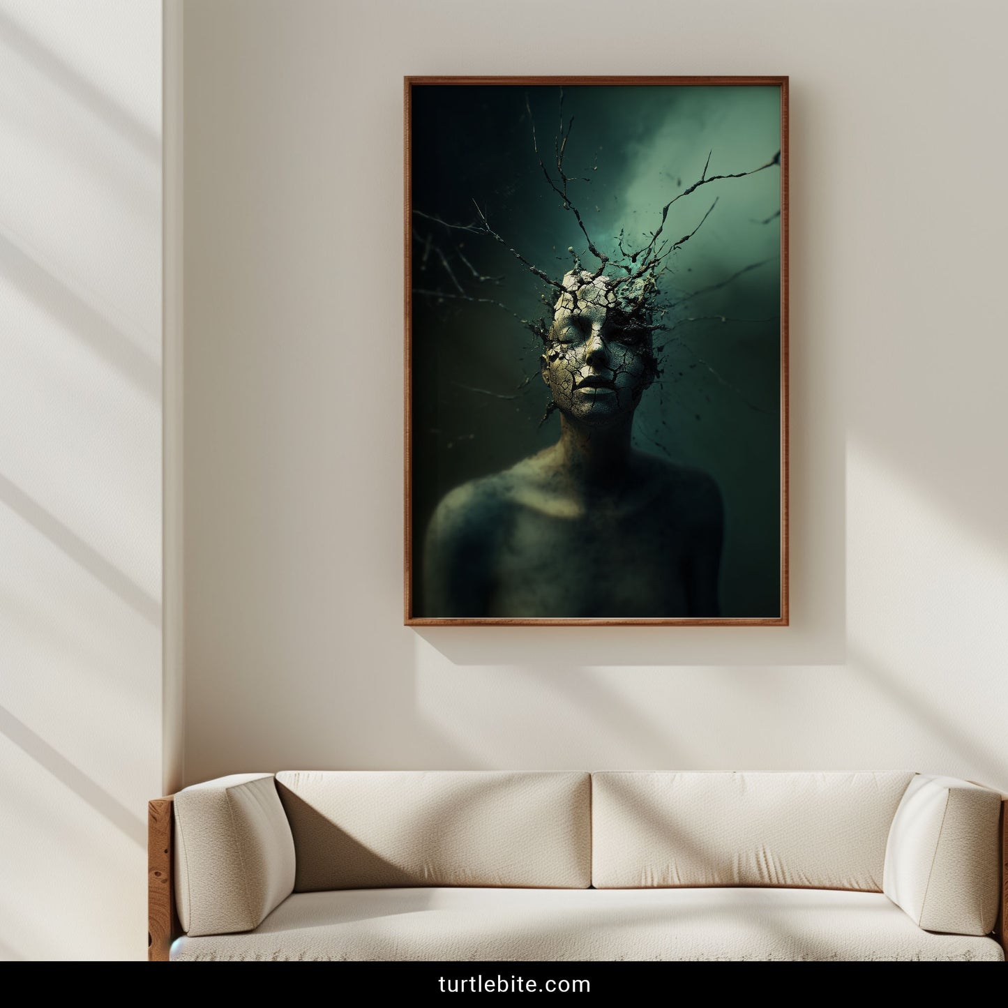 Gothic wall art of a dissolving human bust with fractures and roots – psychological horror fine art print