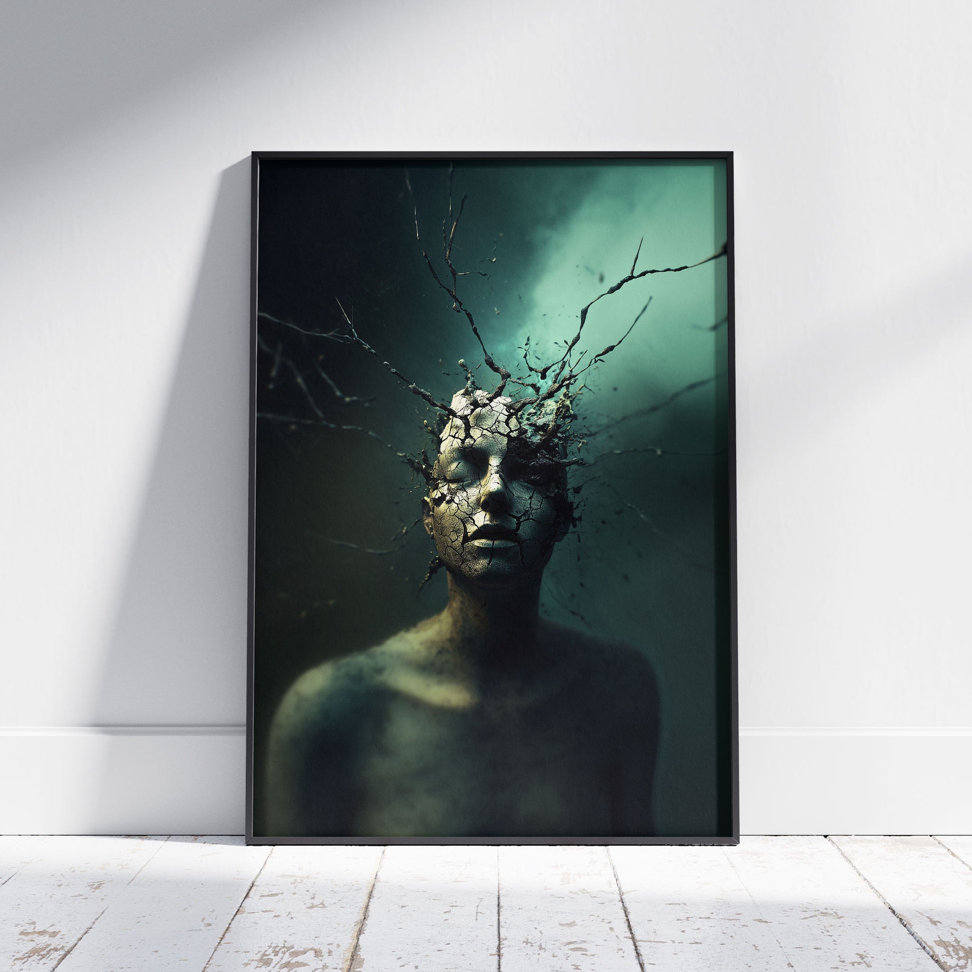 Surreal art poster of a cracked human figure with dark branches erupting from the skull on moody teal background