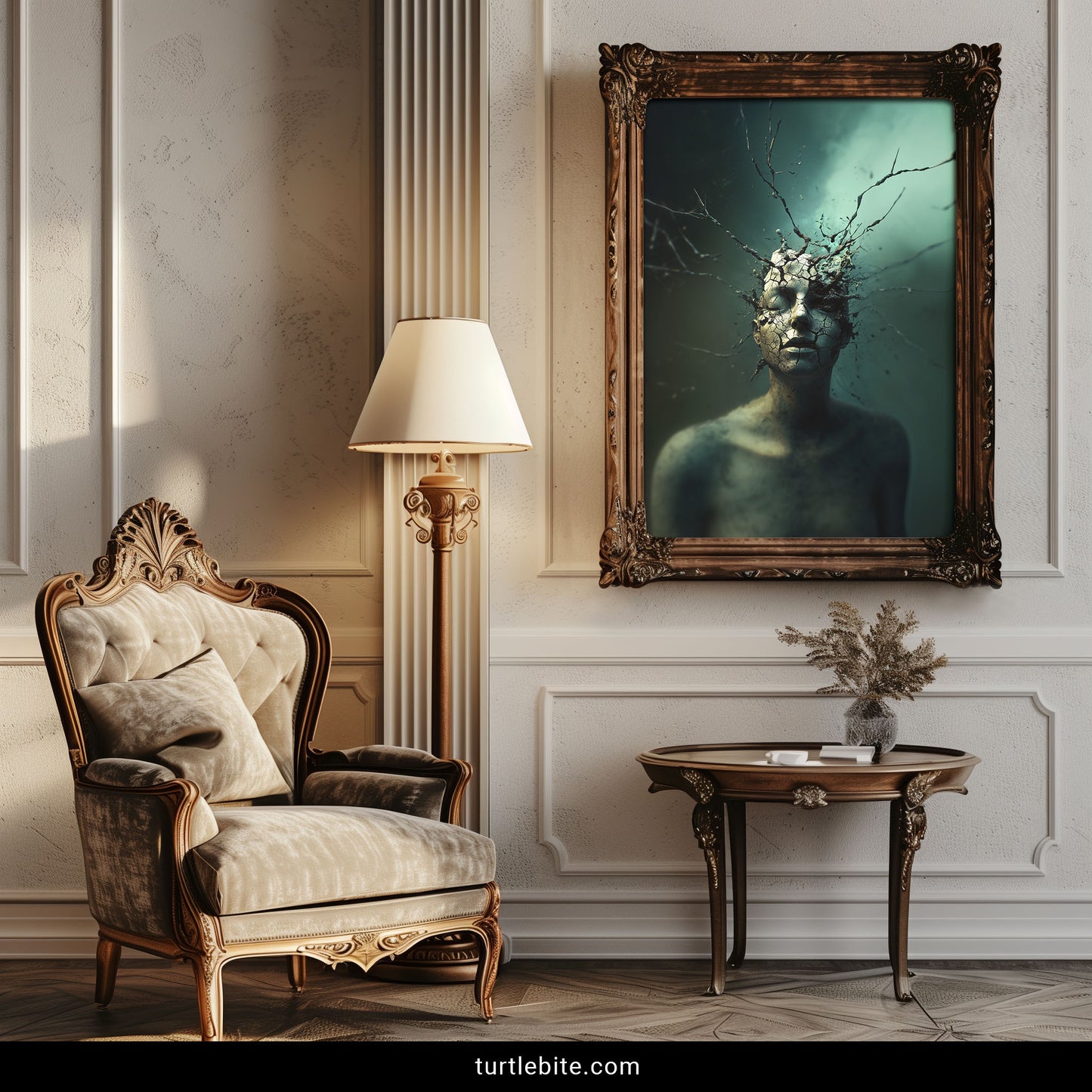 Bizarre dark art print depicting mental fracture – cracked face with erupting branches, psychological surrealism