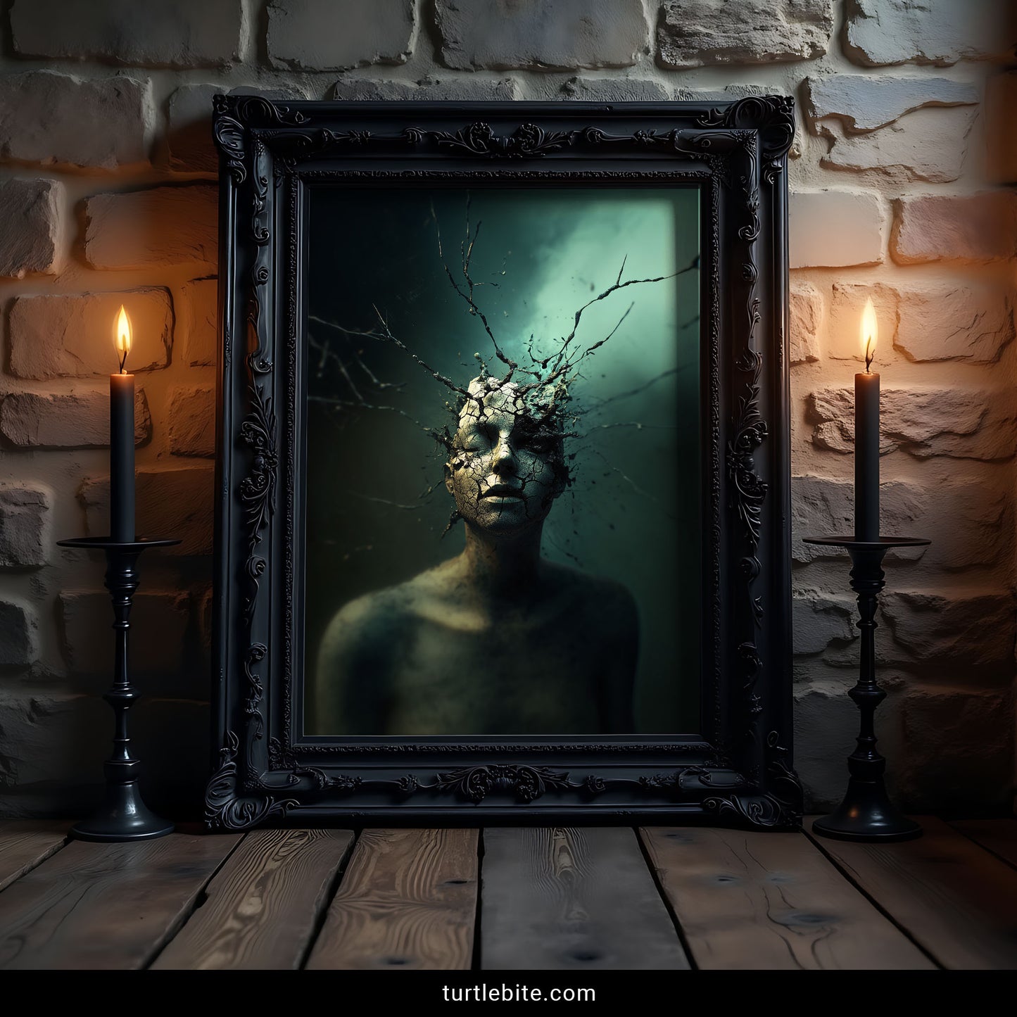 Bizarre dark art print depicting mental fracture – cracked face with erupting branches, psychological surrealism