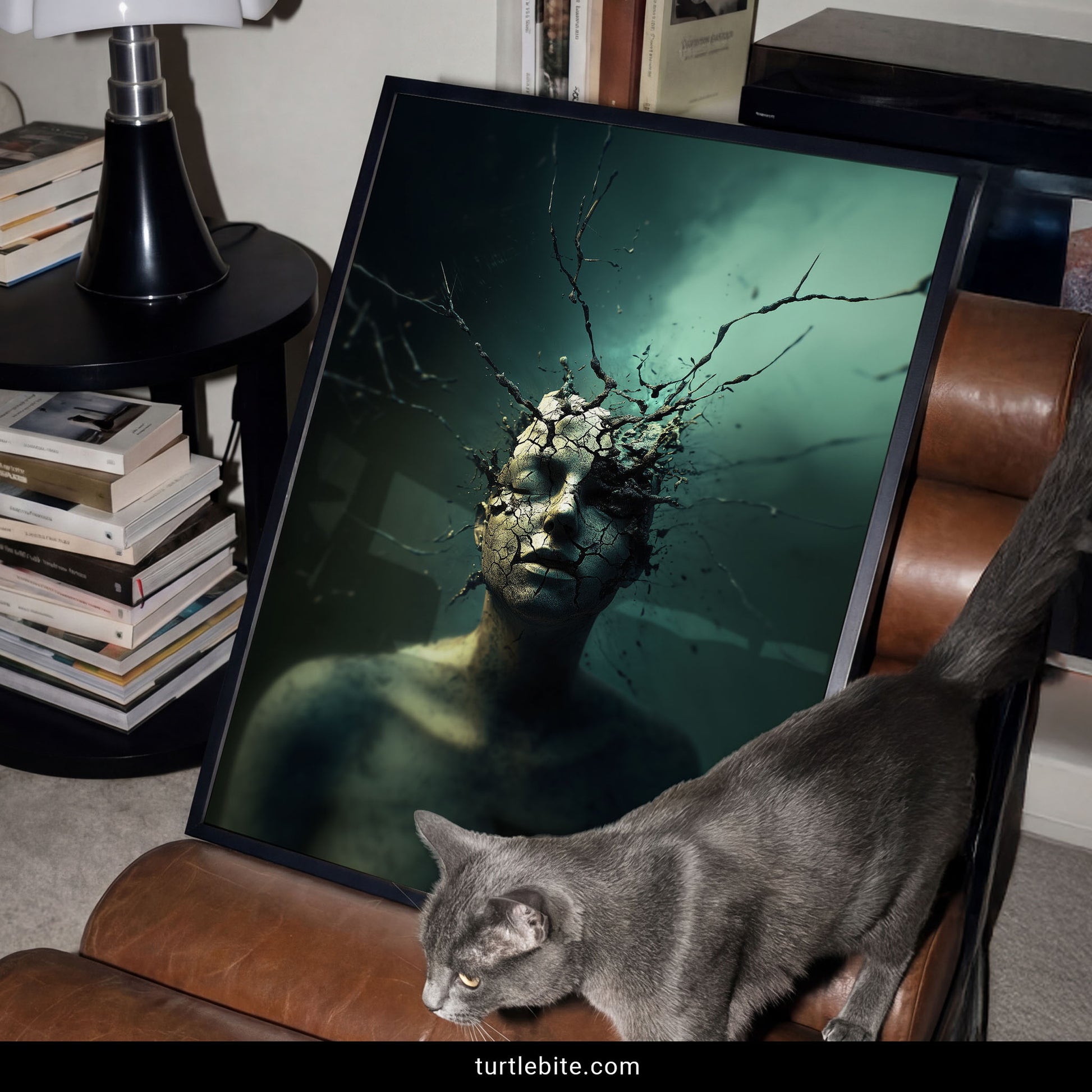 Moody surreal poster of a figure with a crumbling mind, branching roots, and atmospheric dark green fog