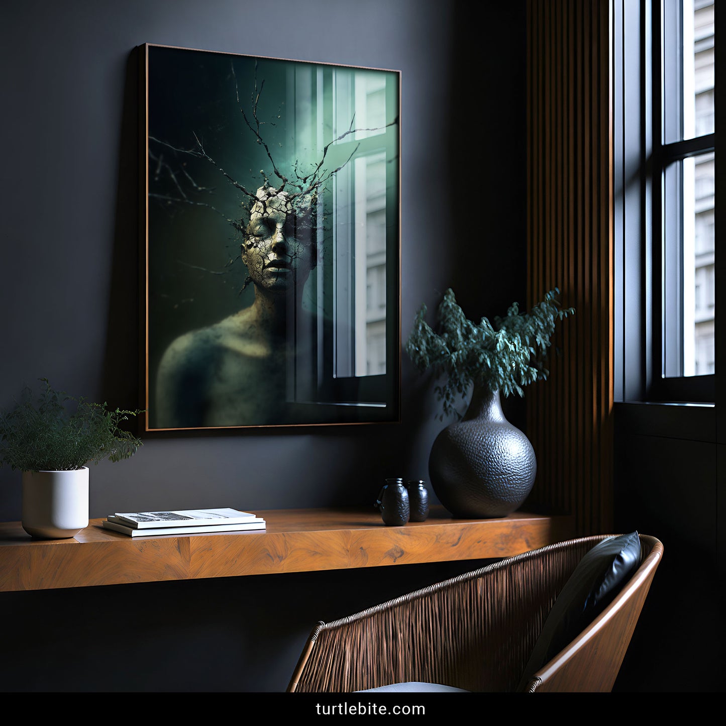 Dark art print showing a disintegrating face split by dried earth cracks and twisted bare branches