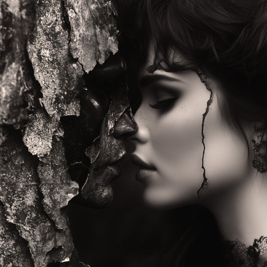 Surreal dark romance art poster showing a woman in black lace leaning toward a tree with a face emerging from the bark in monochrome