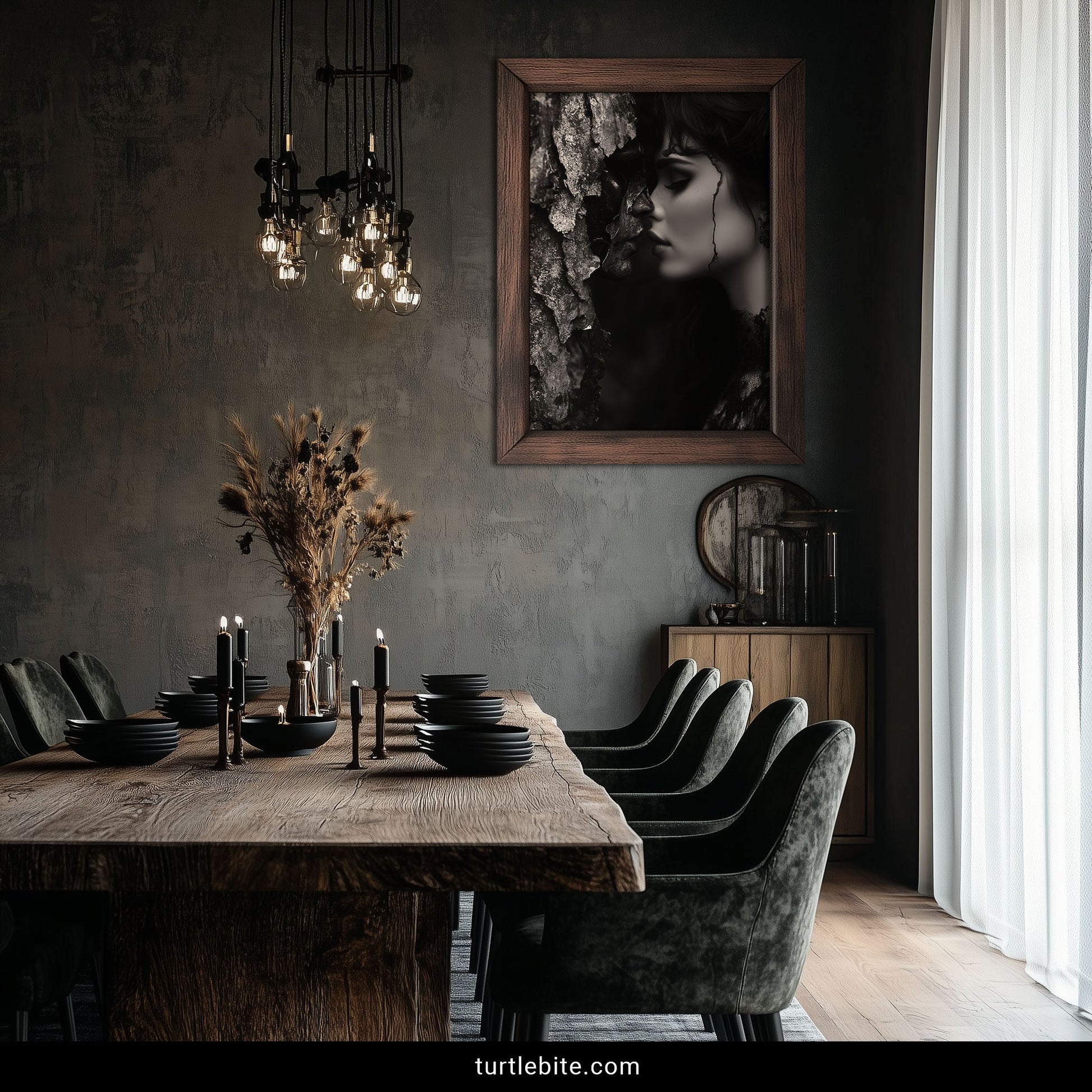 Dark academia poster featuring a gothic love story between a woman and an ancient tree spirit in black and white