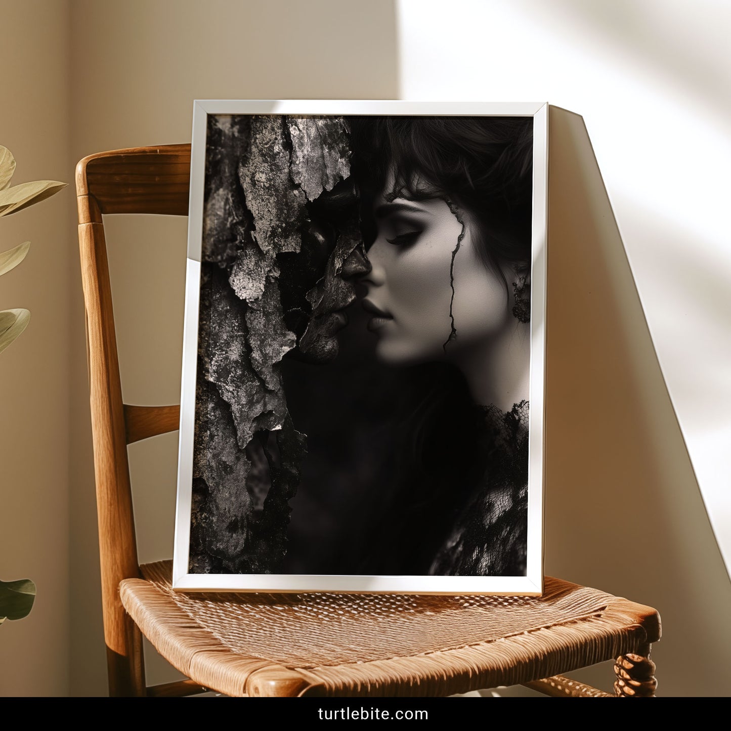 Moody surreal portrait print – woman with closed eyes pressed against a bark face, dark lace, dramatic shadows