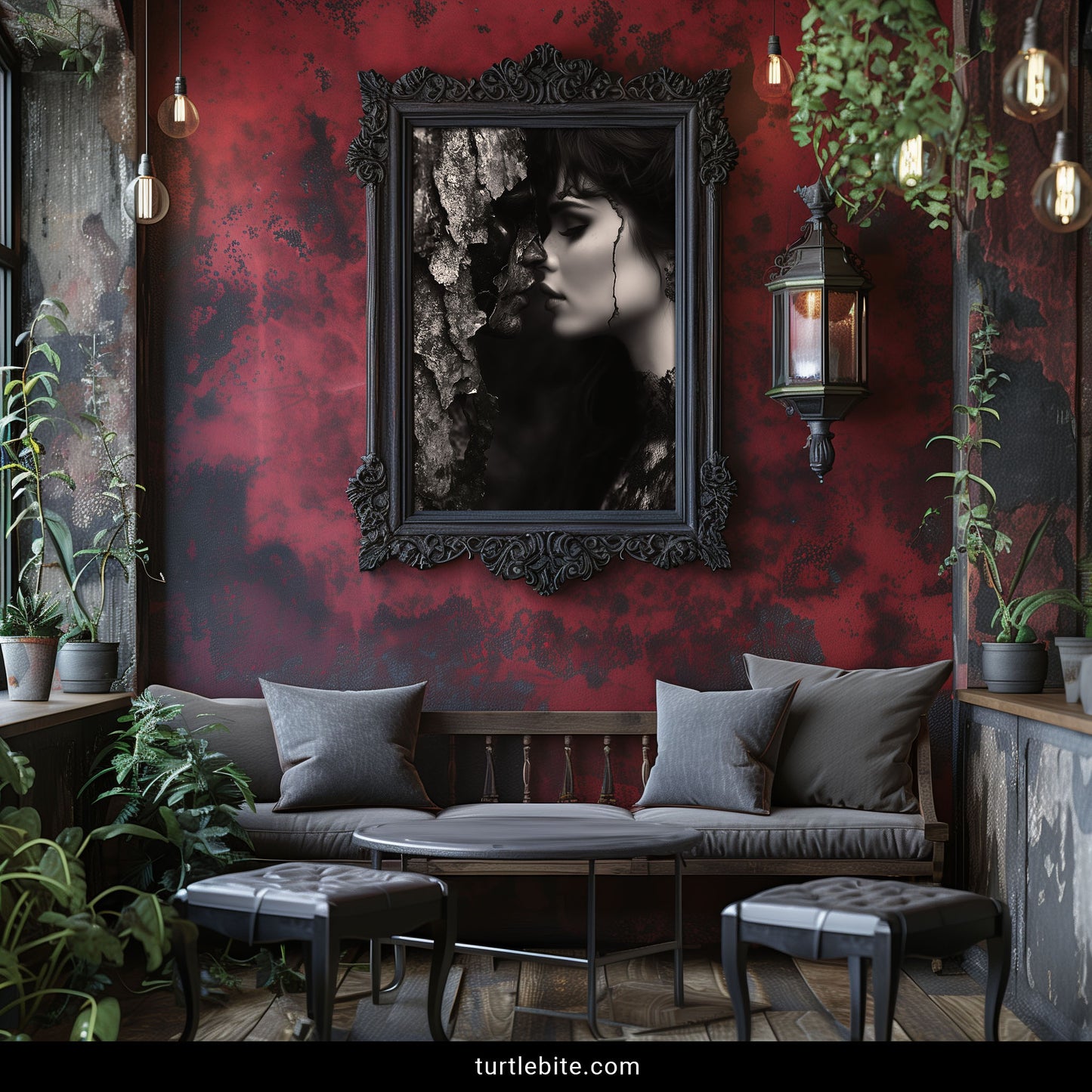 Moody surreal portrait print – woman with closed eyes pressed against a bark face, dark lace, dramatic shadows