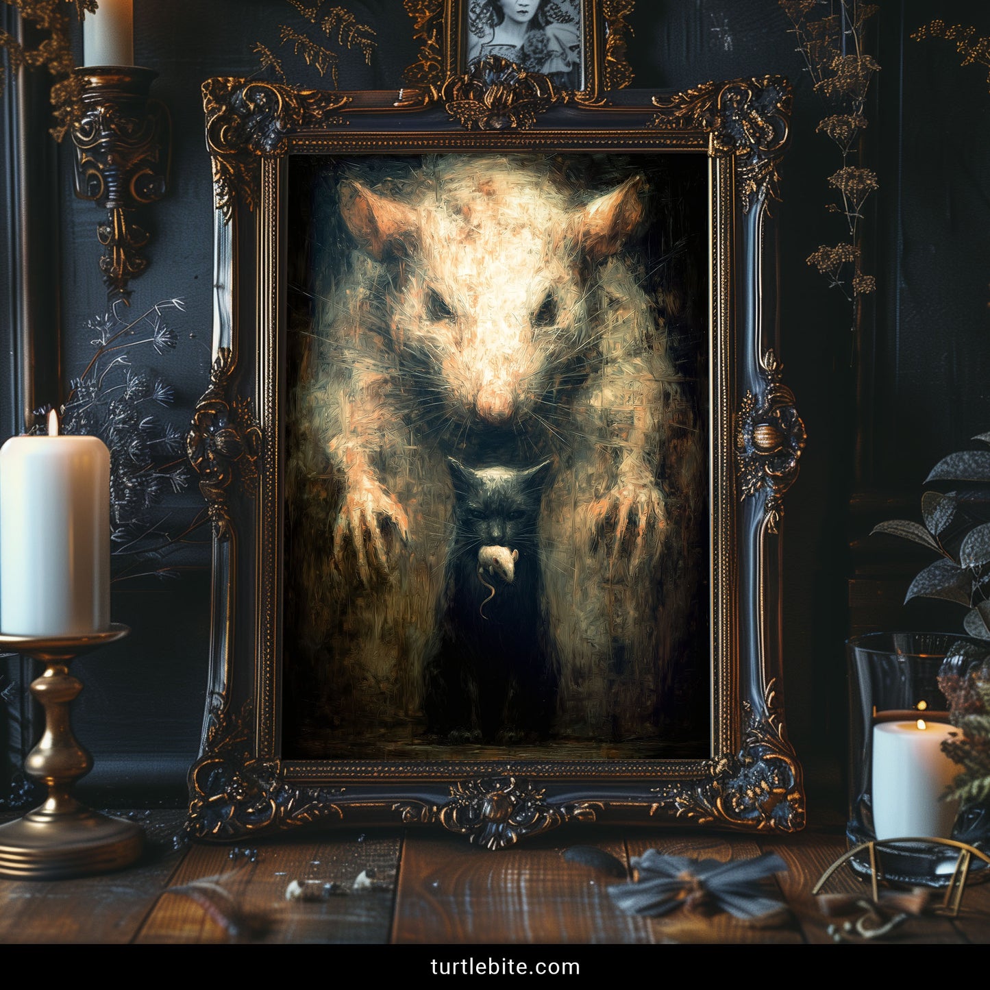Creepy animal wall art featuring layered rat cat mouse imagery gothic decor