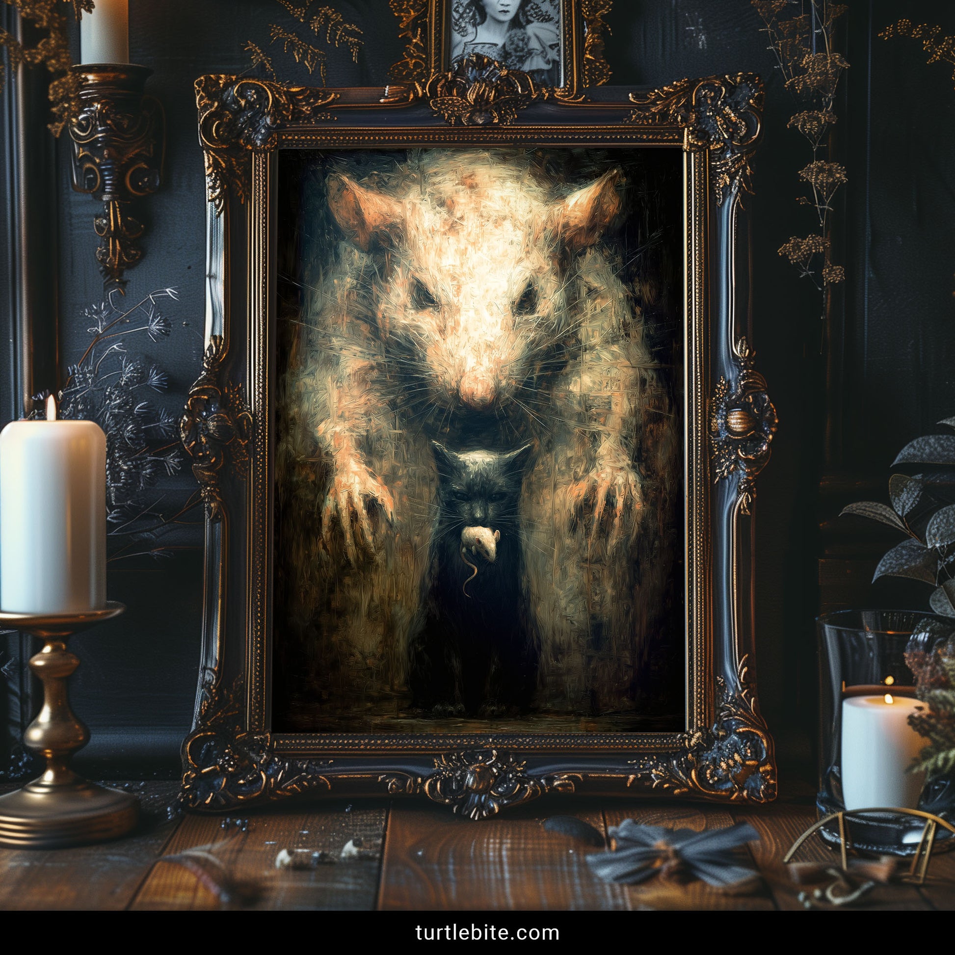 Creepy animal wall art featuring layered rat cat mouse imagery gothic decor