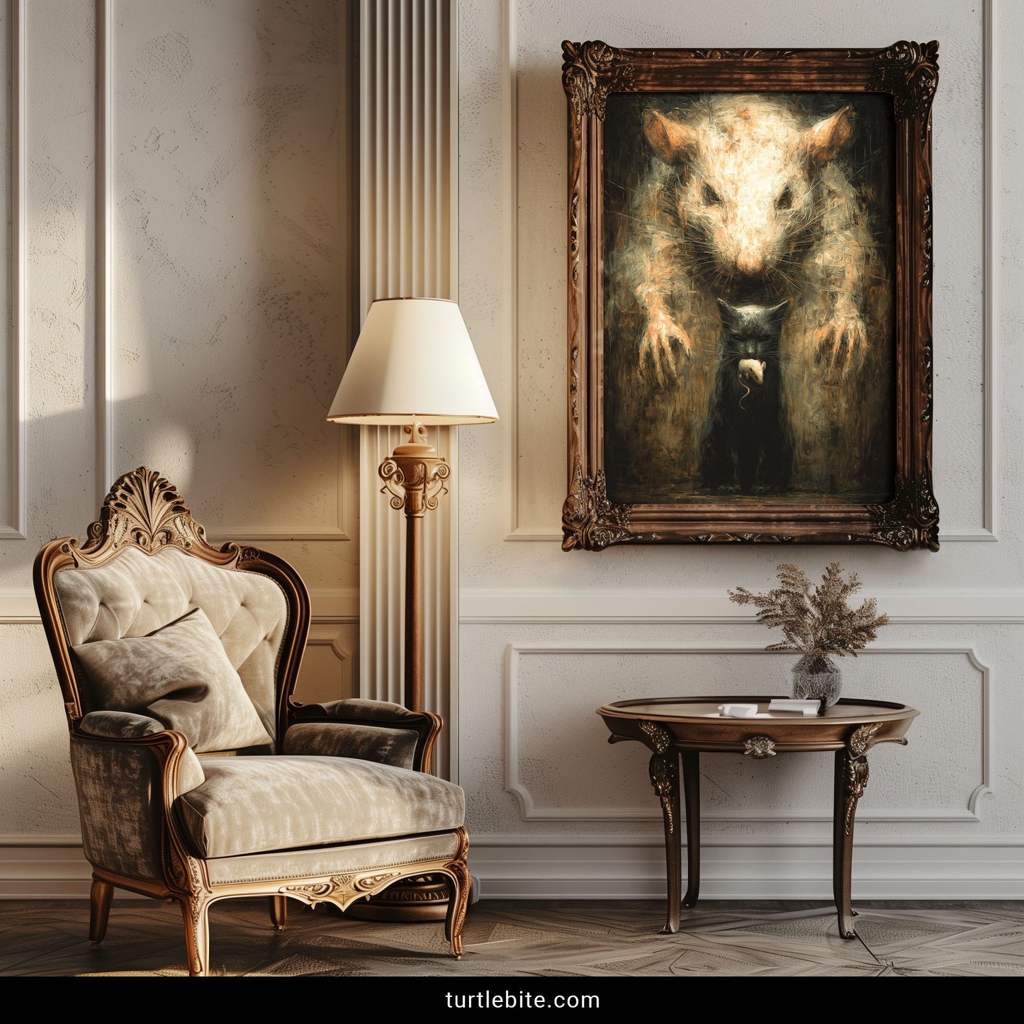 Surreal gothic rat portrait with hidden cat and mouse dark horror art print