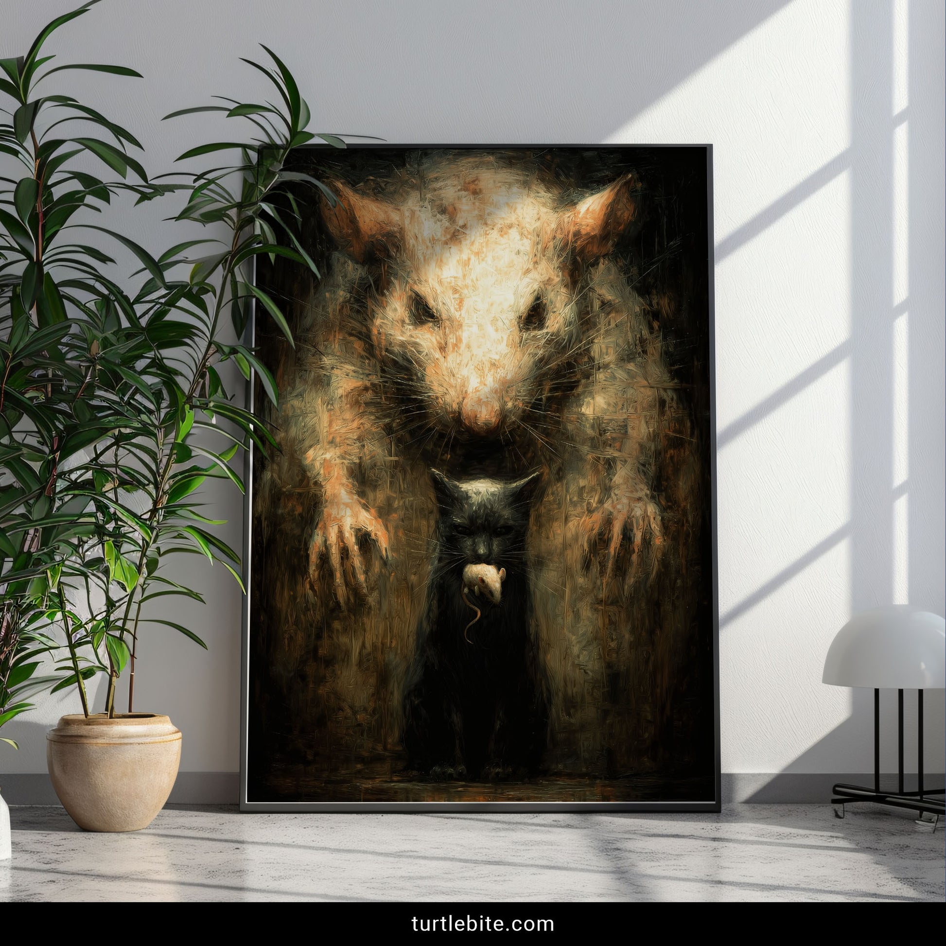 Disturbing surreal art poster with textured painterly rat portrait horror theme